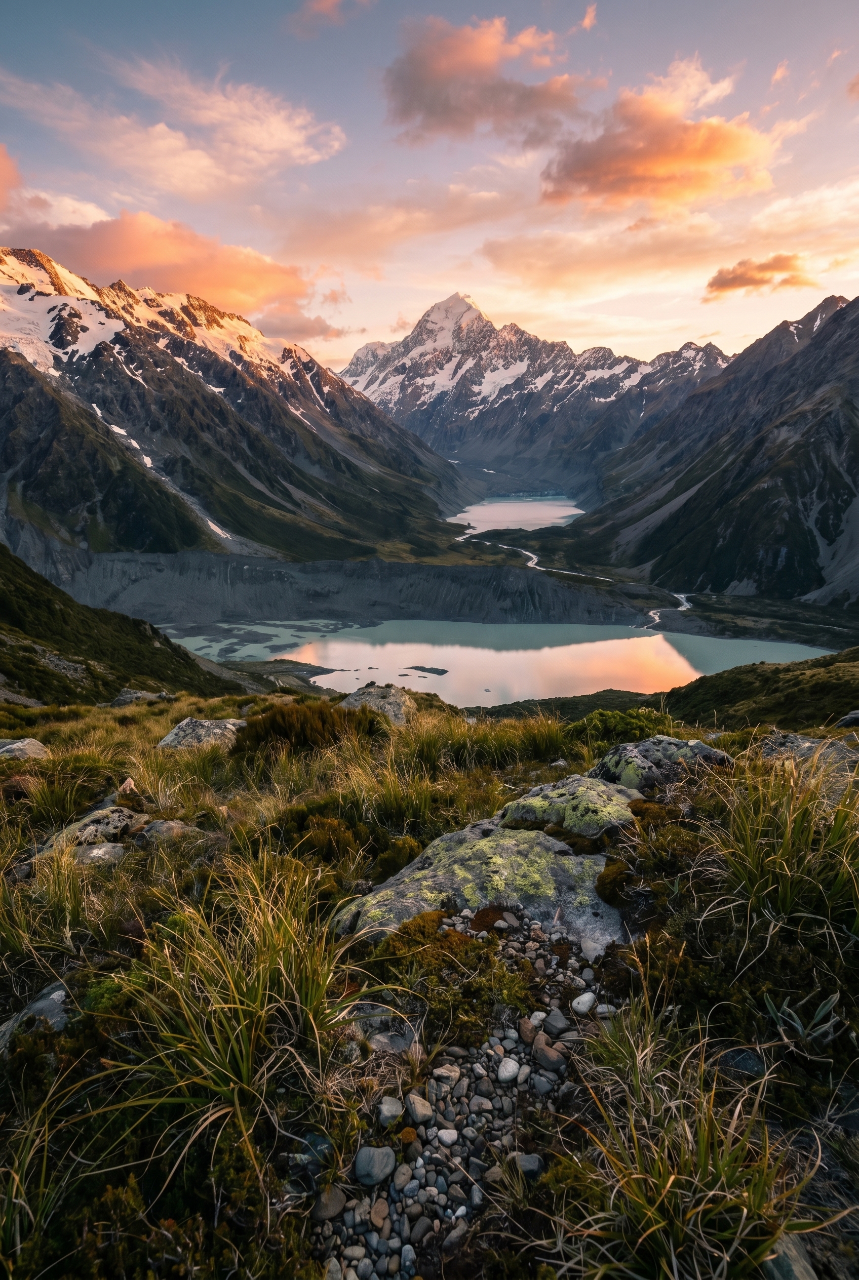 Comment photographier des paysages : le guide complet 13 Vaste paysage de montagne avec lac glaciaire et sommets enneigés à l'heure dorée, exemple parfait pour apprendre à photographier des paysages.