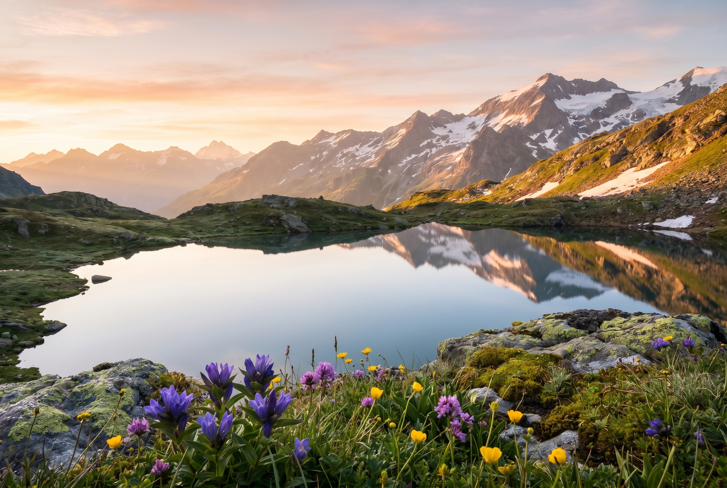 Comment photographier des paysages : le guide complet 18 Paysage alpin au lever du soleil avec un lac glaciaire et des sommets enneigés, illustrant comment photographier des paysages avec une grande profondeur de champ.