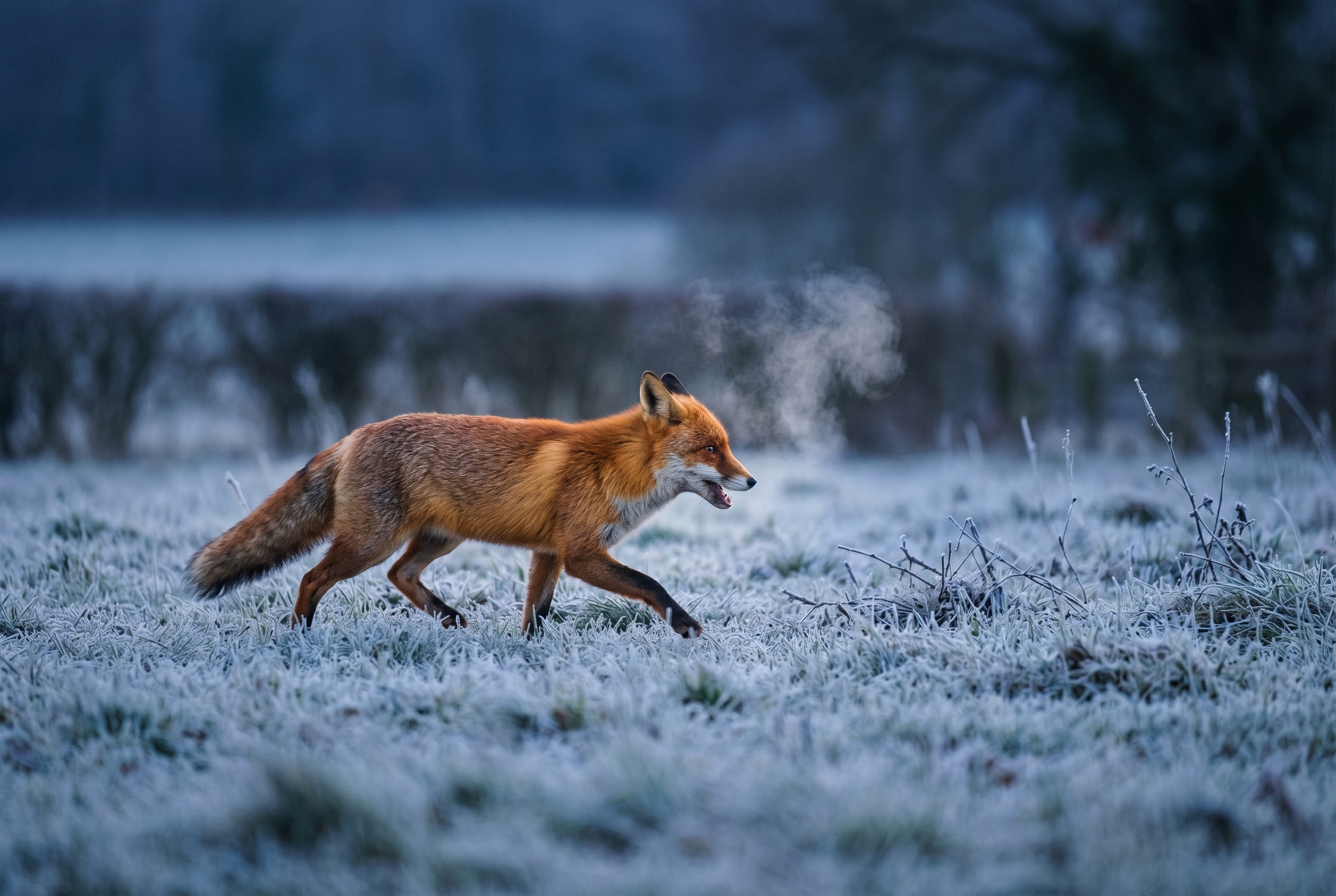 Renard roux trottant dans l'herbe givrée au petit matin, un exemple technique pour apprendre à photographier le renard en basse lumière.