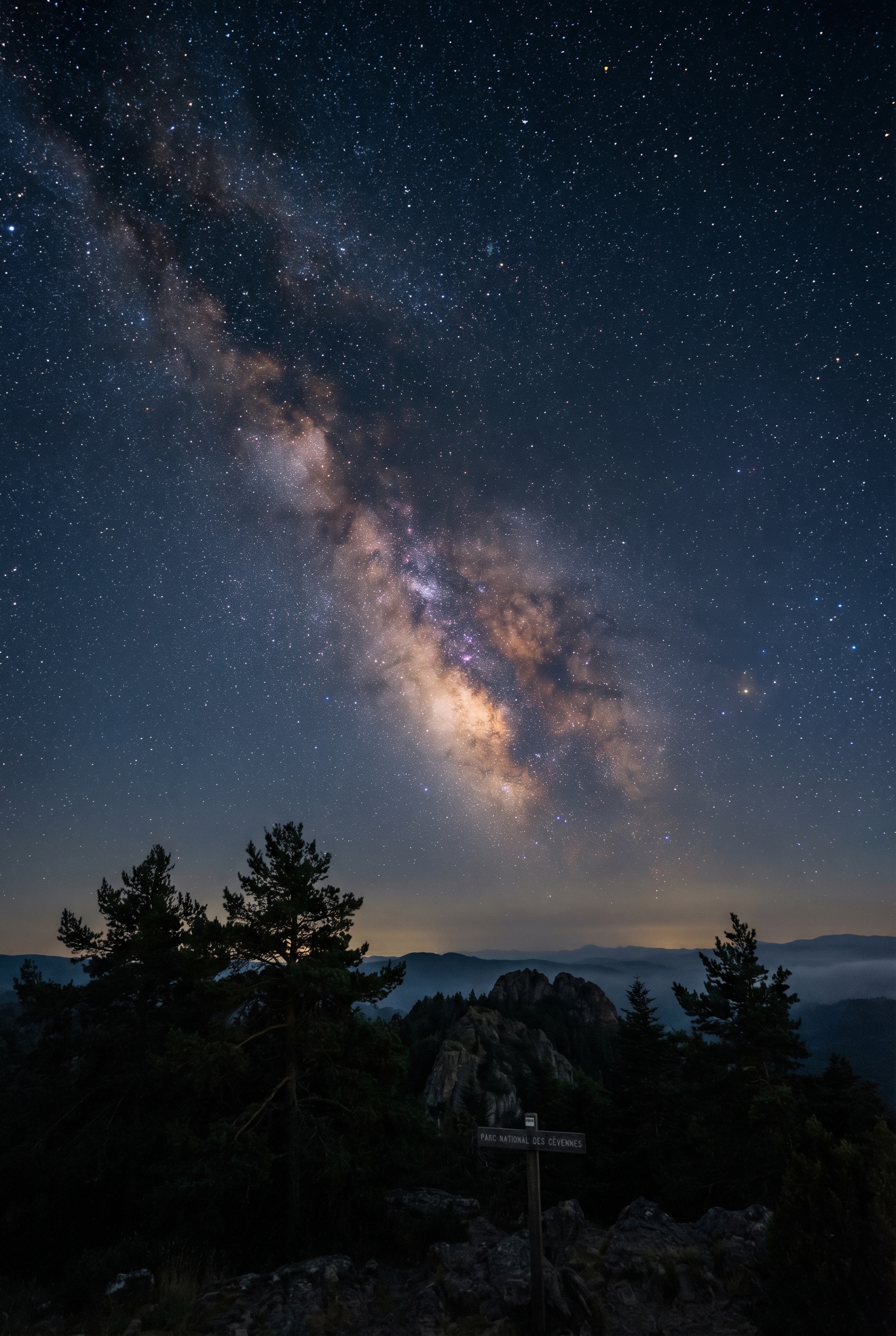 Photographie grand-angle du cœur de la Voie lactée au-dessus des montagnes des Cévennes, illustrant comment photographier la voie lactée avec un rendu naturel.