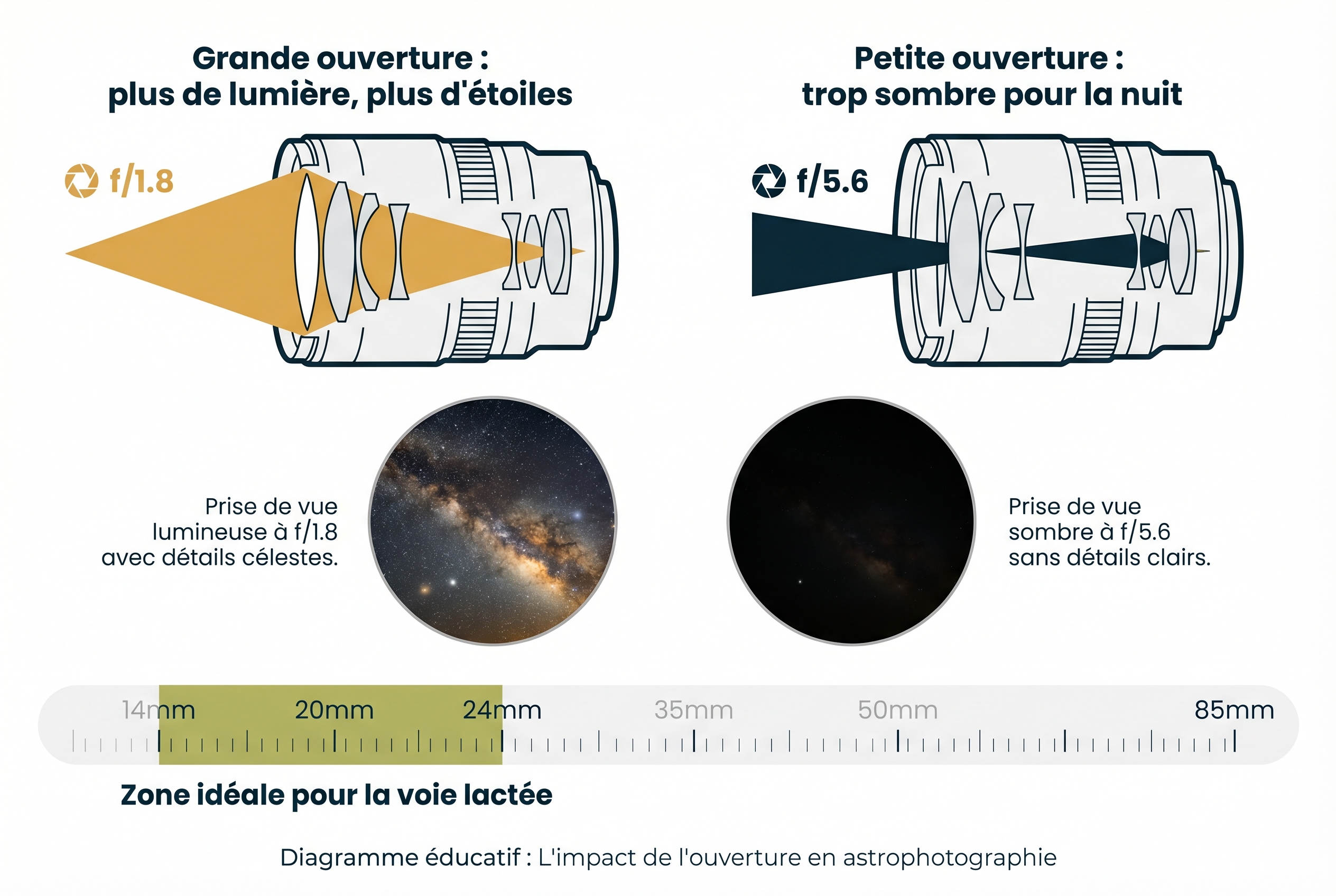 Schéma pédagogique comparant une grande ouverture f/1.8 et une petite ouverture f/5.6 pour photographier la Voie lactée, avec recommandation de focales 14-24mm.