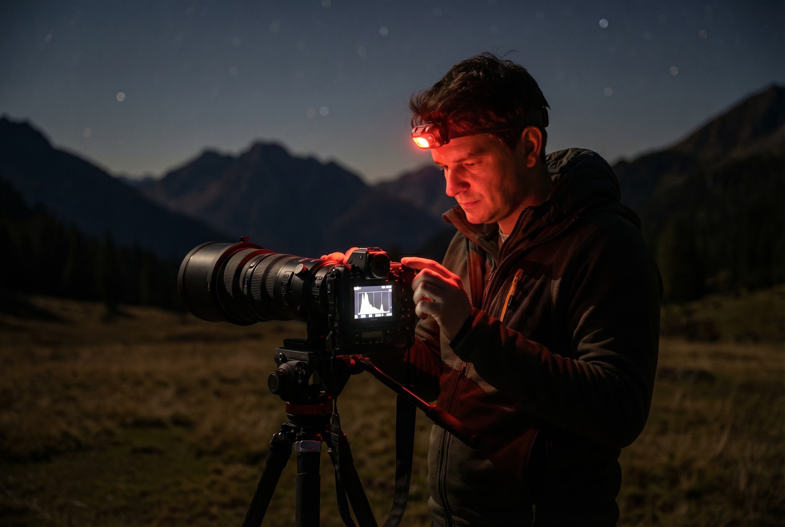 Photographe de nuit en montagne vérifiant l'histogramme sur son appareil photo pour photographier la voie lactée.