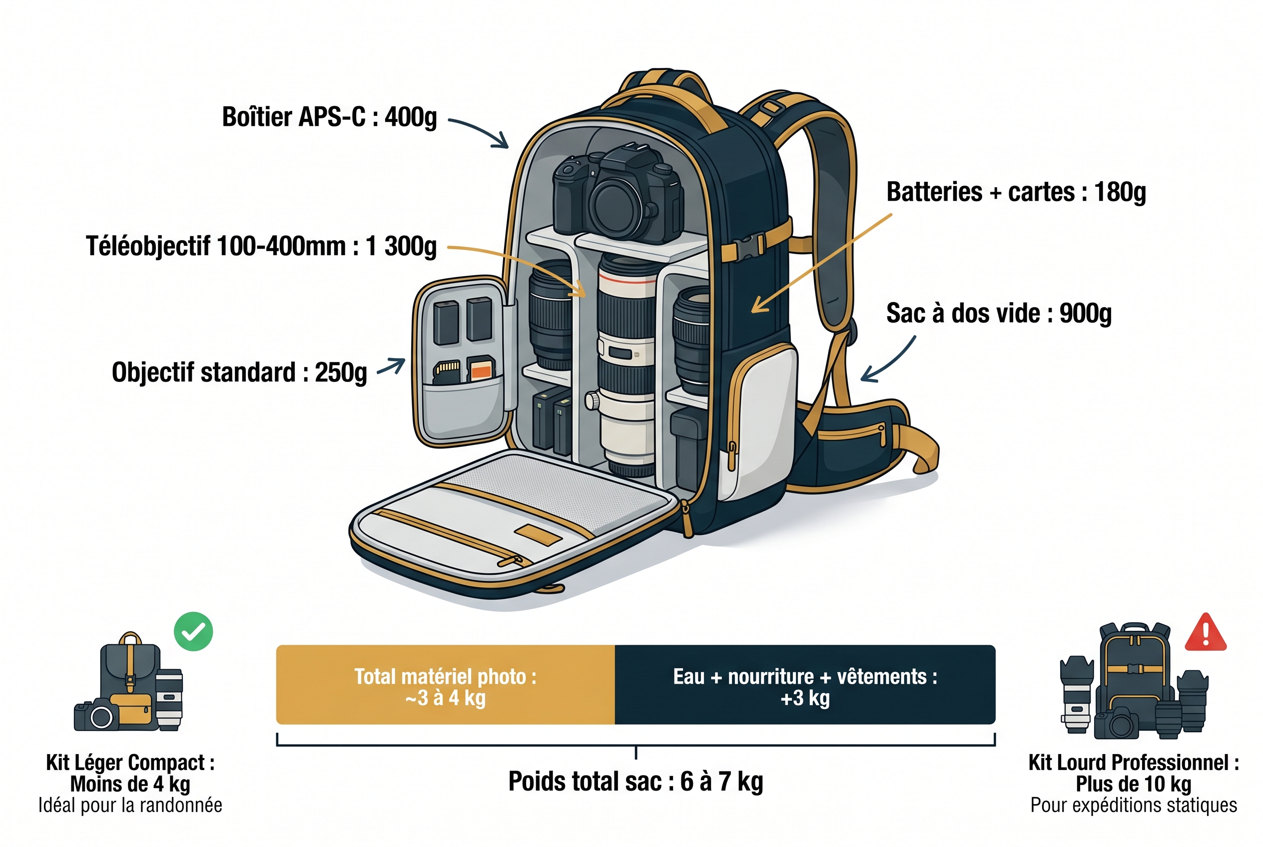Infographie détaillant la répartition du poids d'un sac à dos de photographie animalière pour débutant avec boîtier et téléobjectif.