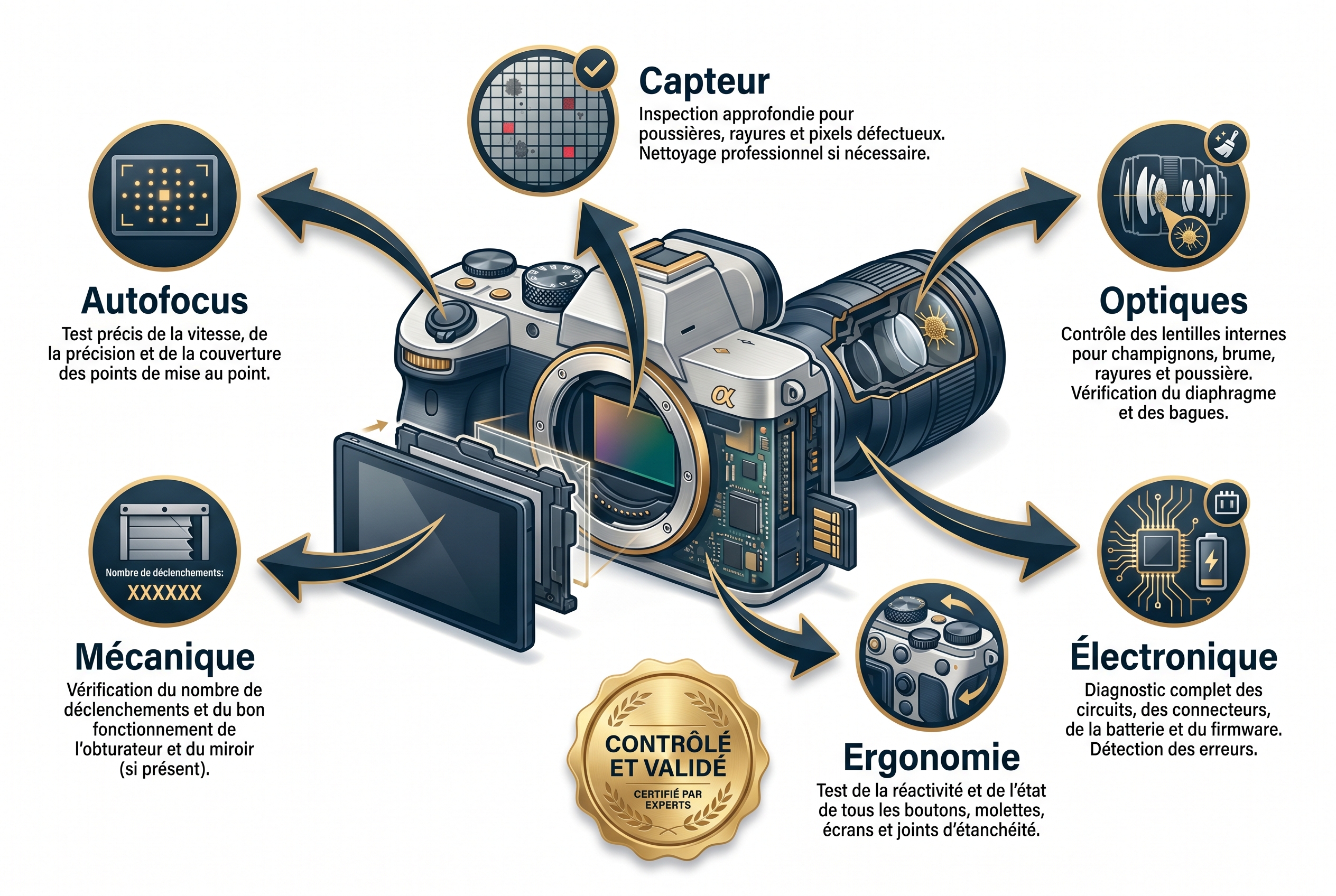 Quel est le meilleur site d'occasion photo ? Le guide pour acheter sans risque 15 Illustration des points de contrôle technique (capteur, autofocus, optiques) effectués par les experts sur le meilleur site d'occasion photo pour garantir un achat sans risque.