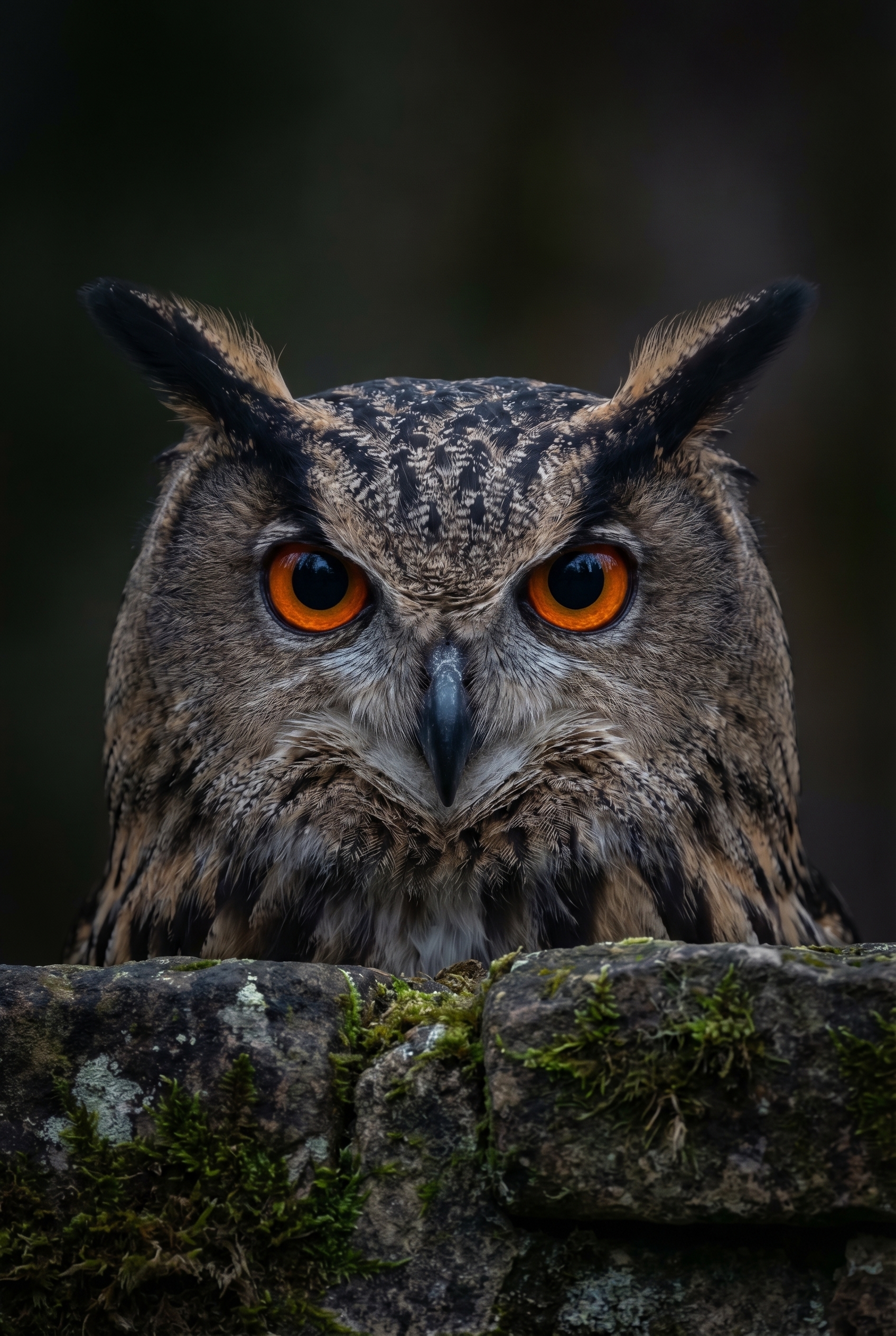 Portrait frontal d'un hibou Grand-duc d'Europe centré dans le cadre, illustrant l'alternative à la règle des tiers en photographie de nature.