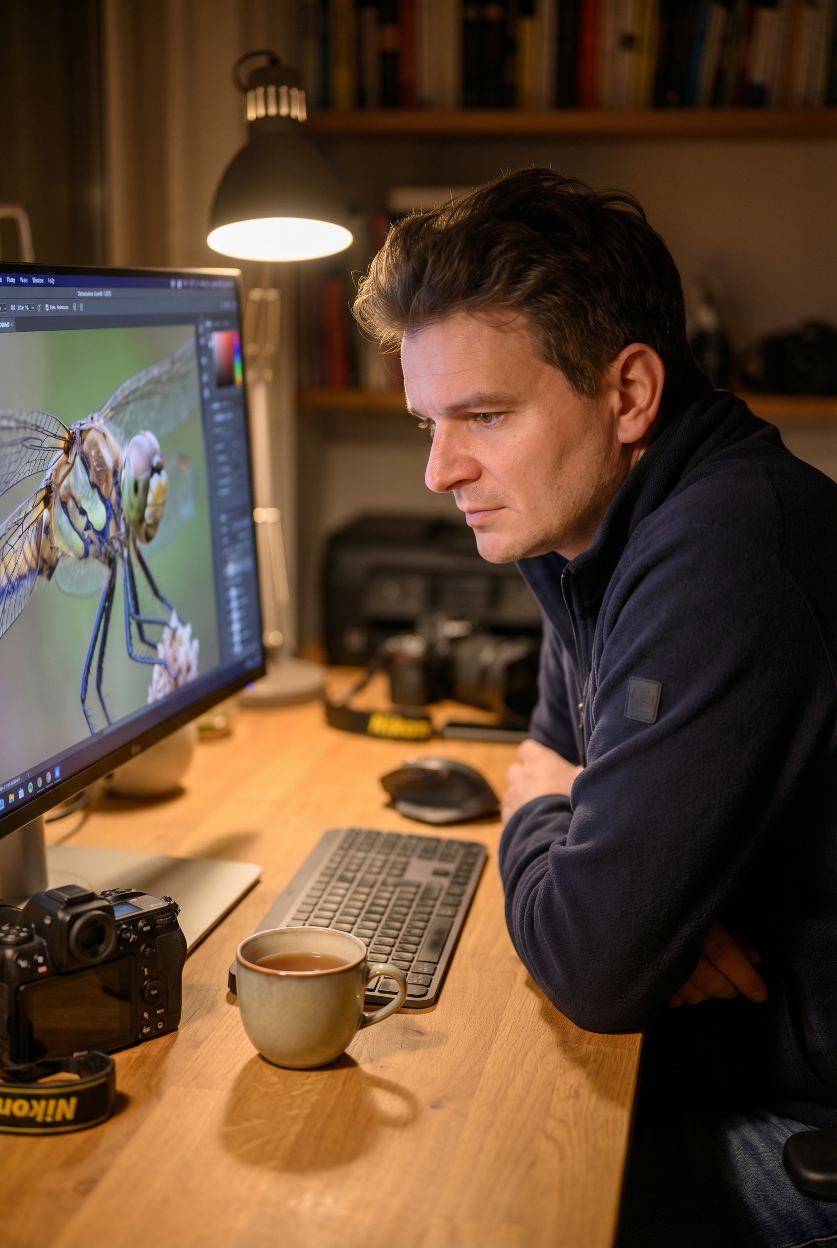 Le focus stacking : comment avoir des photos 100% nettes 26 Photographe naturaliste travaillant sur le post-traitement d'un focus stacking de libellule pour obtenir une netteté totale