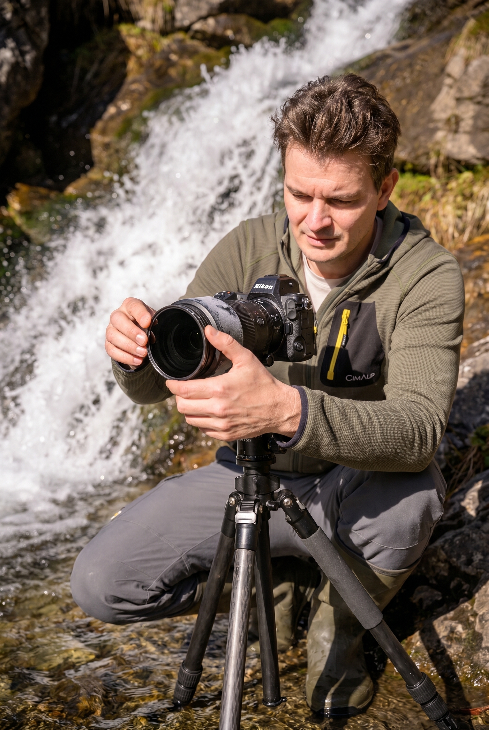 Photographe de nature installant un filtre ND sur son objectif grand-angle devant une cascade pour créer un effet d'eau soyeuse.