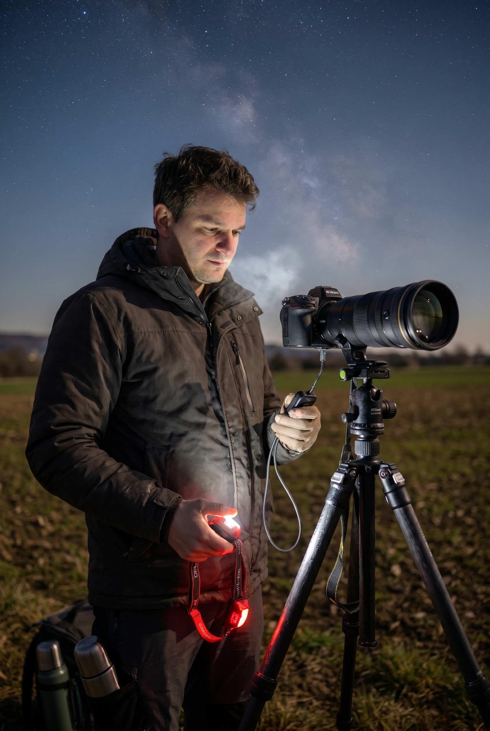 Un photographe naturaliste manipulant un intervalomètre sur un trépied pour capturer une photo circumpolaire sous un ciel étoilé.