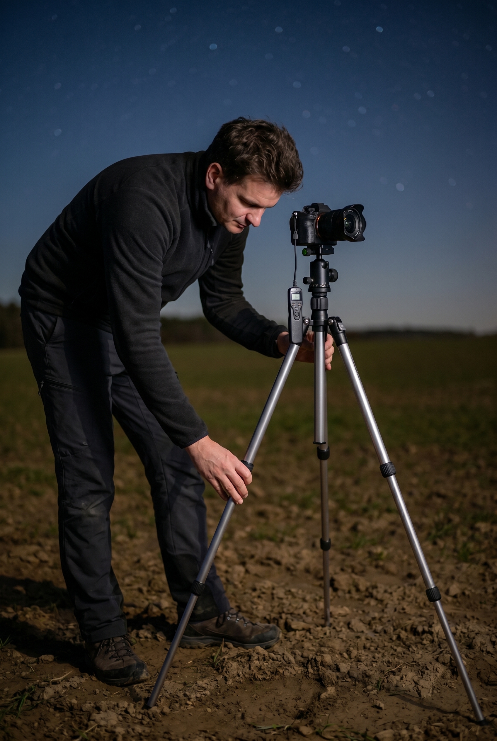 Photographe naturaliste installant son trépied et son intervallomètre sous un ciel étoilé pour une photo circumpolaire.
