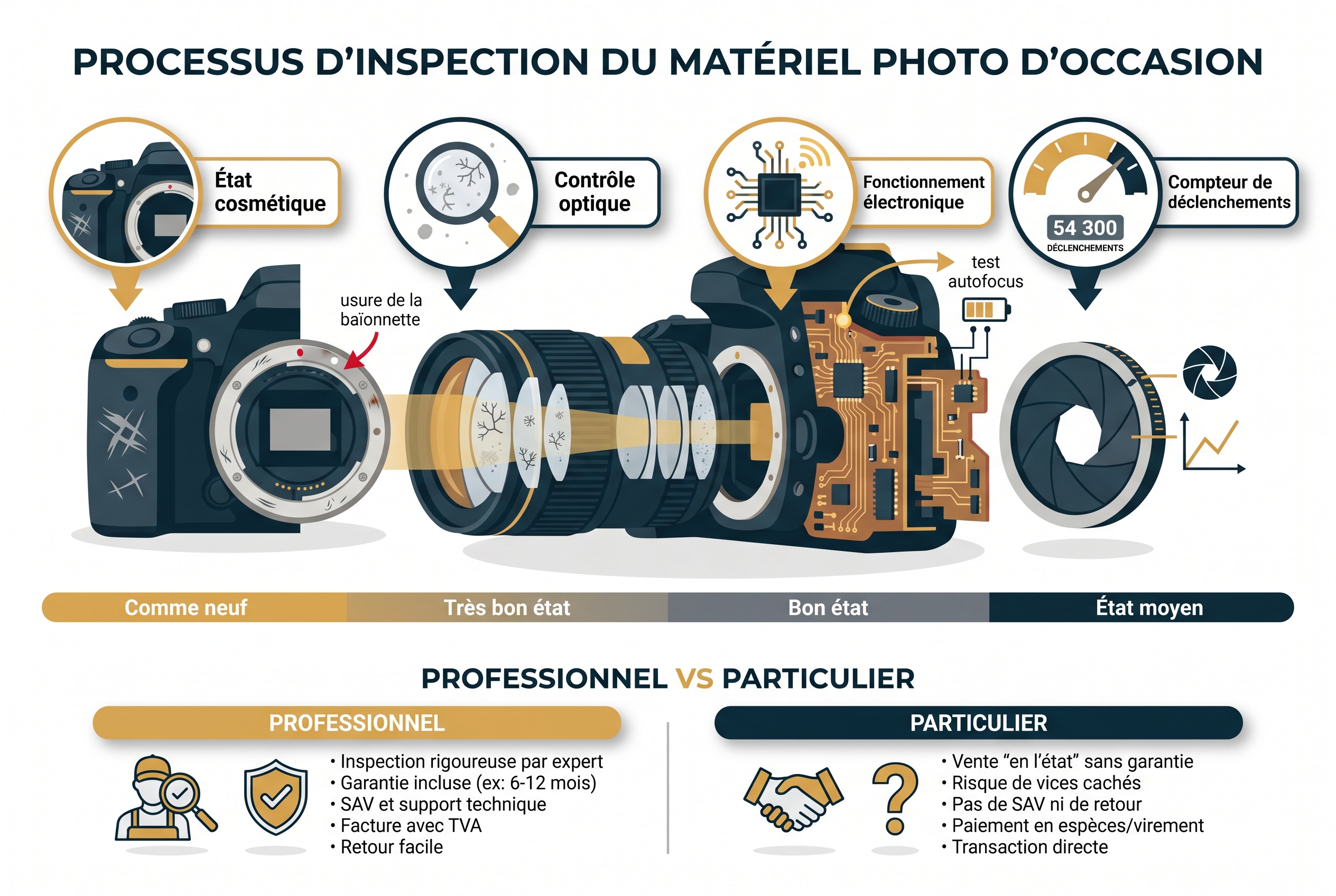 Infographie pédagogique illustrant les 4 étapes de vérification experte d'un appareil photo chez Digit-Photo : état cosmétique, contrôle optique, électronique et compteur de déclenchements.