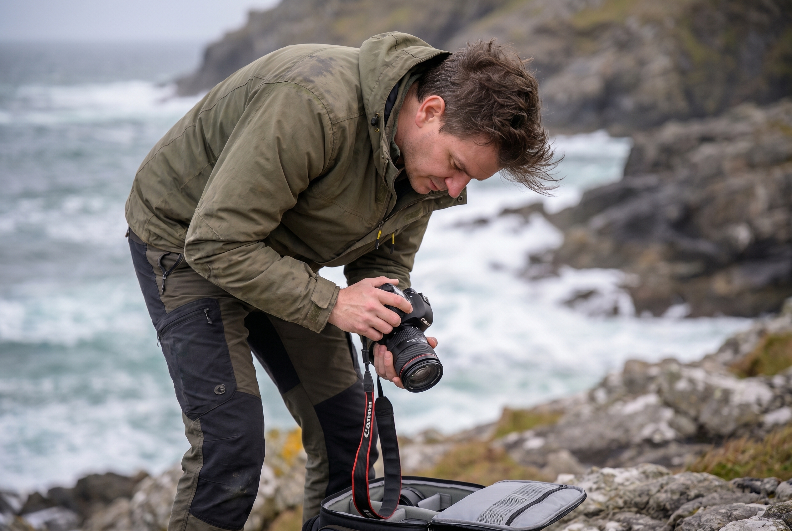 Photographe sur une côte rocheuse protégeant son boîtier du vent salé avec son corps pendant un changement d'objectif, illustrant la protection du matériel pour photographier la mer.