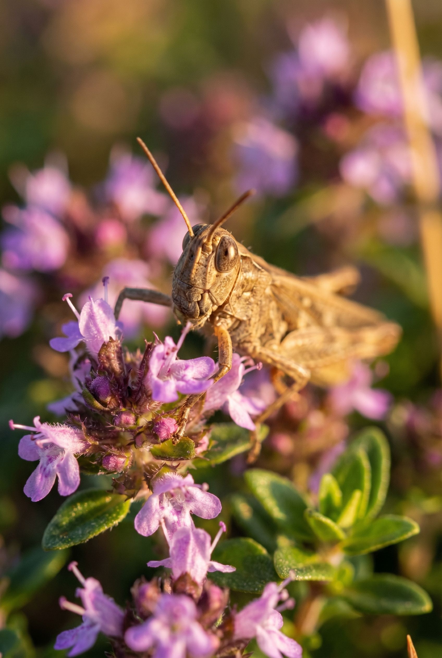 Proxiphotographie d'un criquet brun sur une fleur de thym violette, mise au point sur l'œil et bokeh naturel.