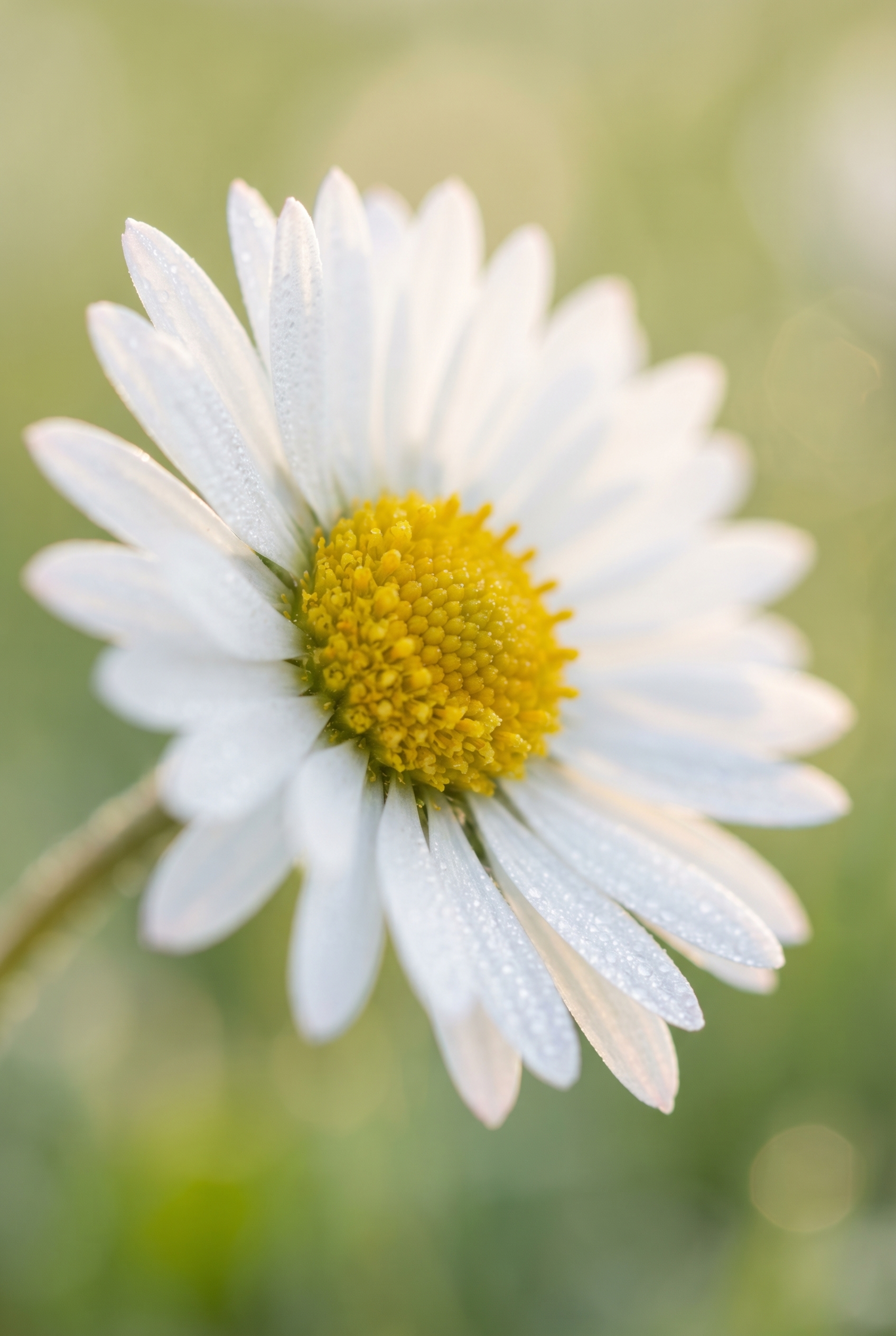 Gros plan en proxiphotographie d'une fleur de pâquerette avec des gouttes de rosée et un flou d'arrière-plan vert