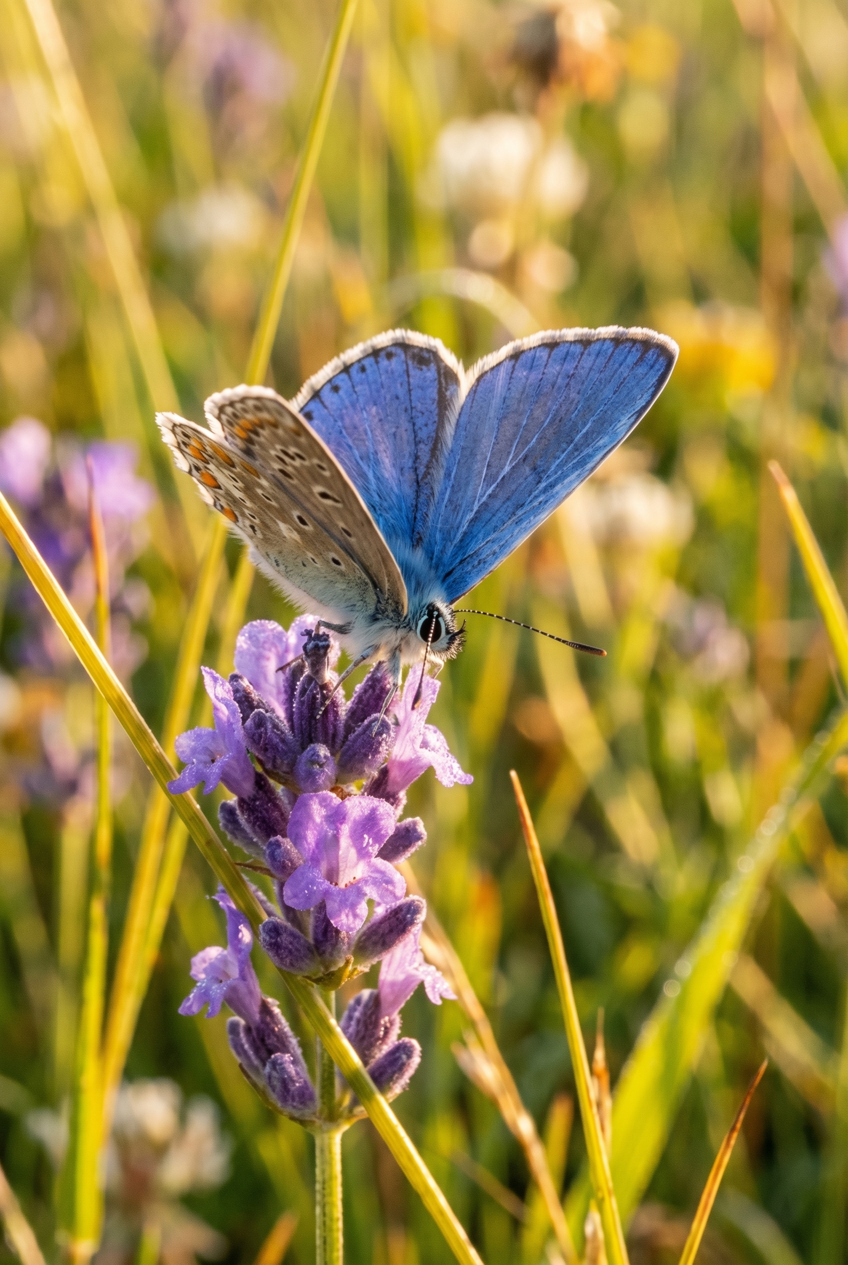 Proxiphotographie d'un papillon Argus bleu aux ailes ouvertes sur une fleur de lavande avec rosée matinale et bokeh doux.