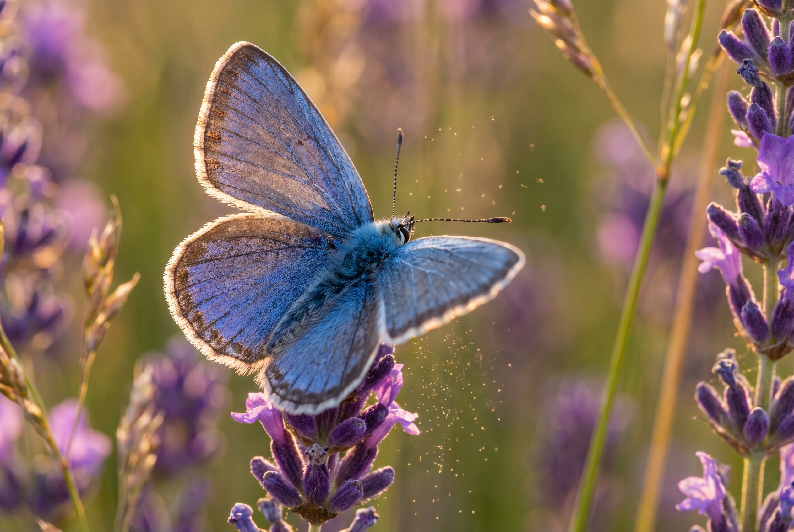 Exemple de proxiphotographie d'un papillon azuré commun posé sur un brin de lavande, mettant en avant les détails des ailes bleues et un bokeh naturel.
