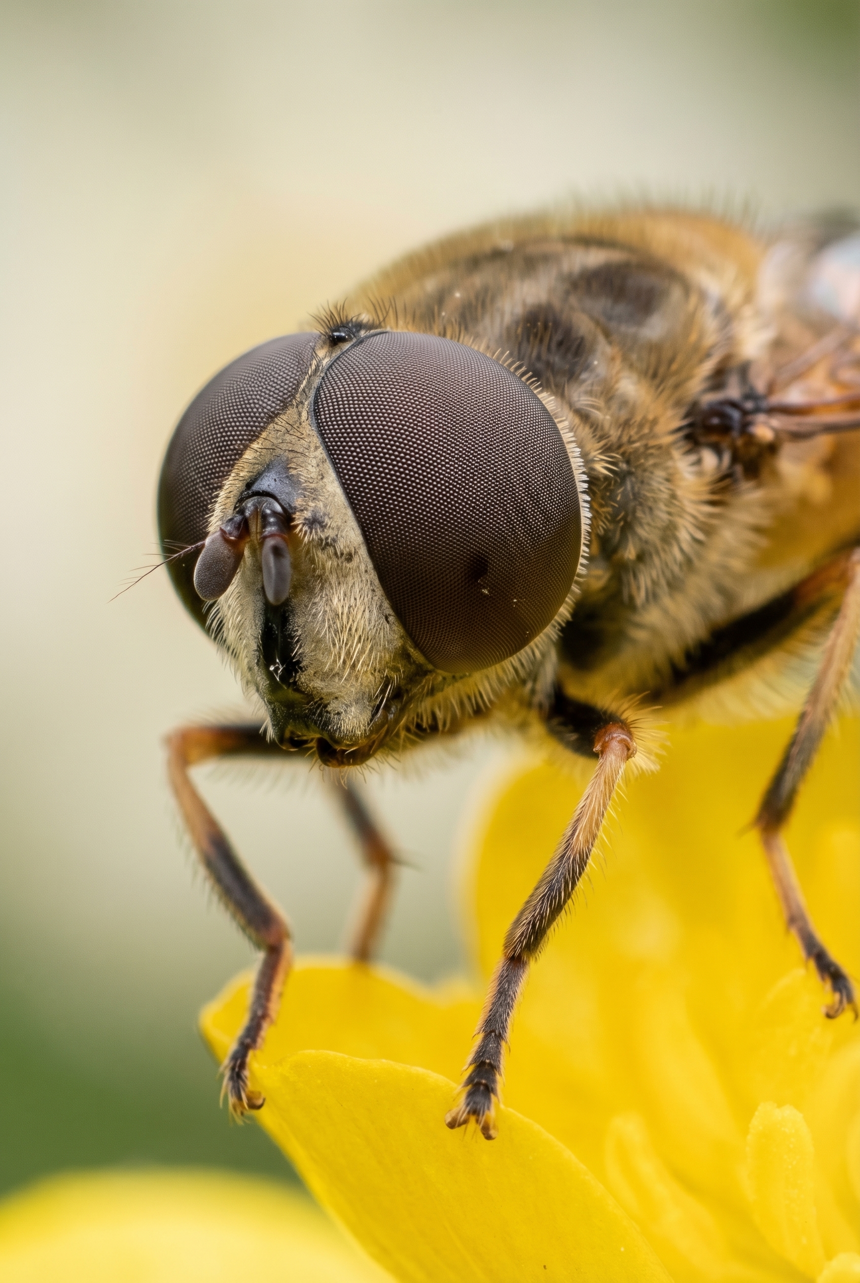Gros plan net d'un syrphe sur une fleur sauvage jaune, illustrant les détails saisissants de la proxiphotographie.