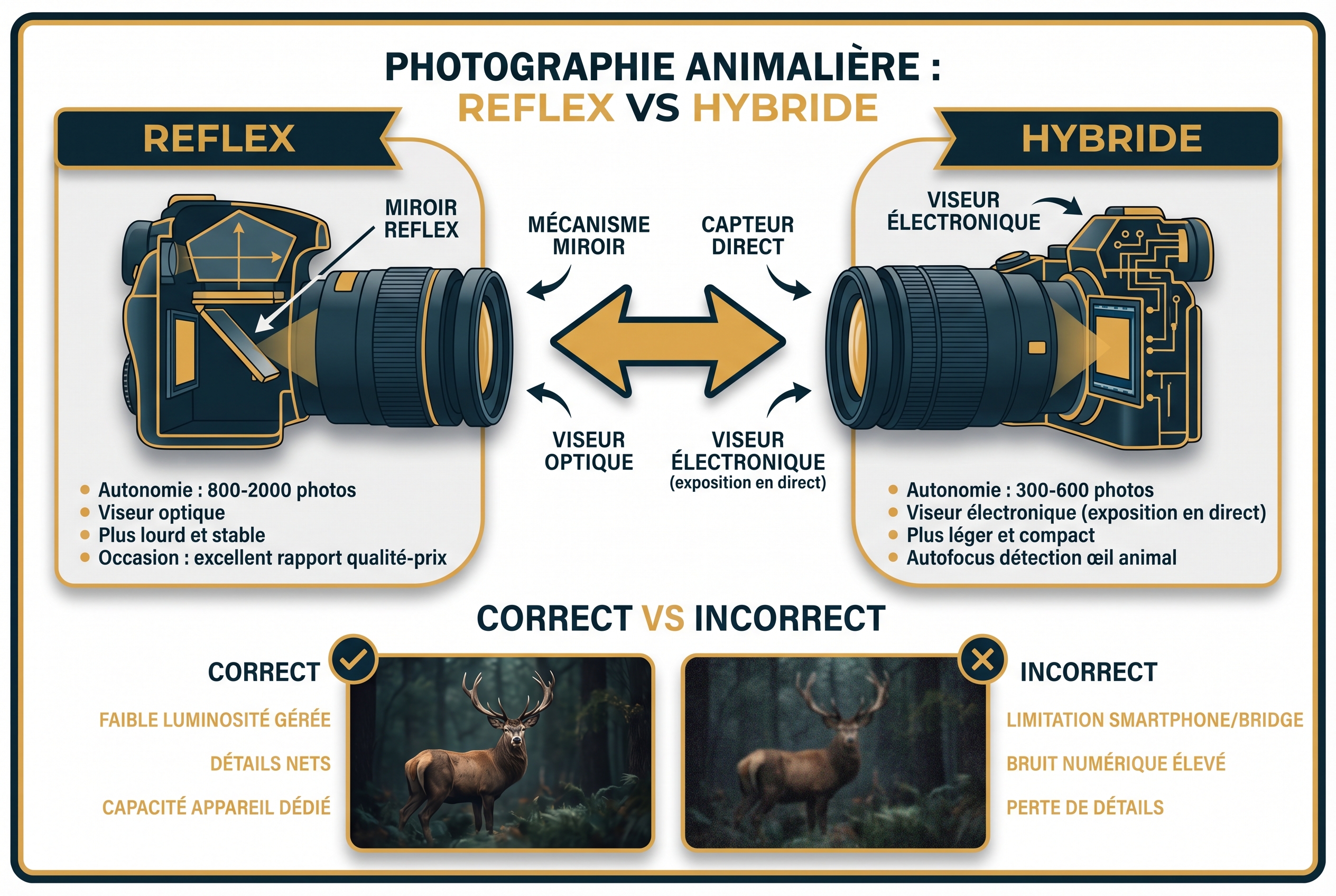 Infographie comparative entre appareil photo Reflex et Hybride pour devenir photographe professionnel, mettant en avant l'autonomie, le viseur et l'autofocus animalier.