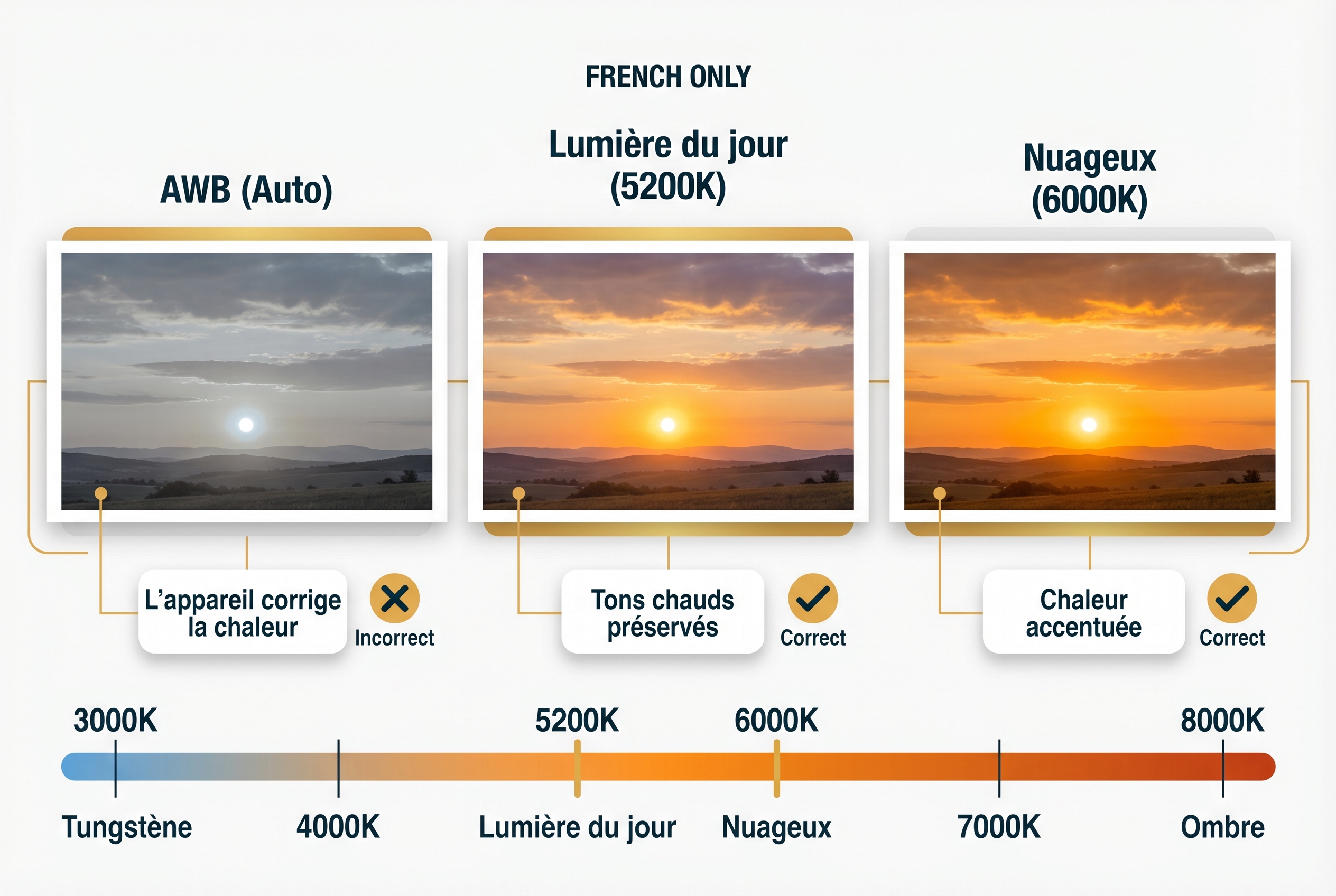 Golden-hour : comment (bien) la photographier 18 Comparaison de trois photos de paysage montrant l'effet de la balance des blancs (AWB, Lumière du jour, Nuageux) sur les couleurs de l'heure dorée avec une échelle de température Kelvin.