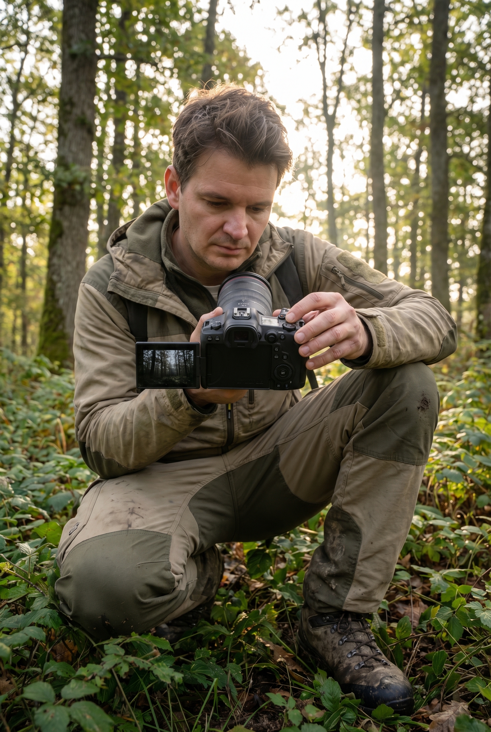 Correction d’exposition : comment l’utiliser et être créatif 28 Photographe naturaliste ajustant la correction d'exposition sur son appareil photo en forêt pour éclaircir une image trop sombre.