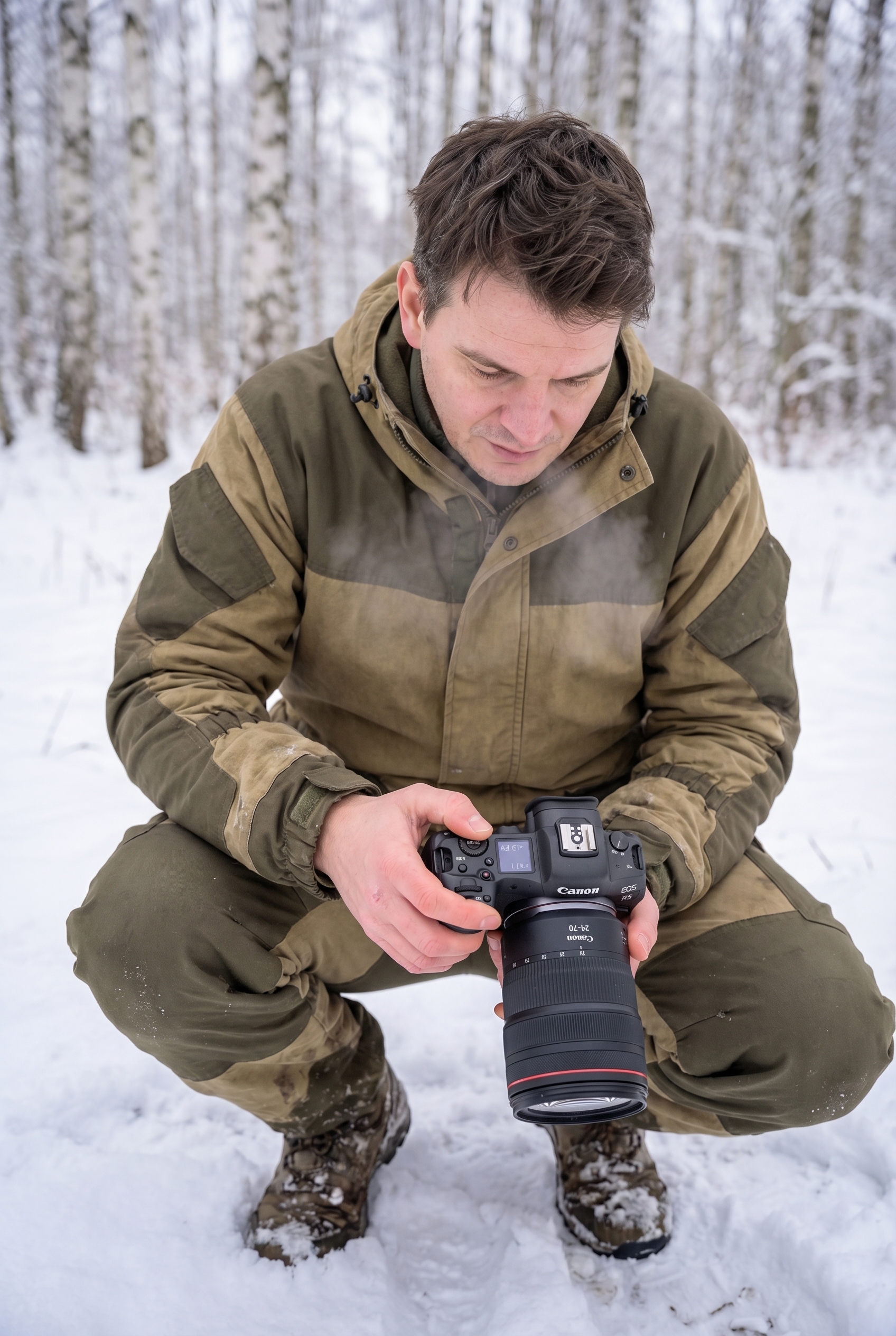 Correction d’exposition : comment l’utiliser et être créatif 30 Photographe naturaliste réglant la correction d'exposition à +1,7 EV sur son boîtier pour compenser la luminosité d'un paysage de neige.