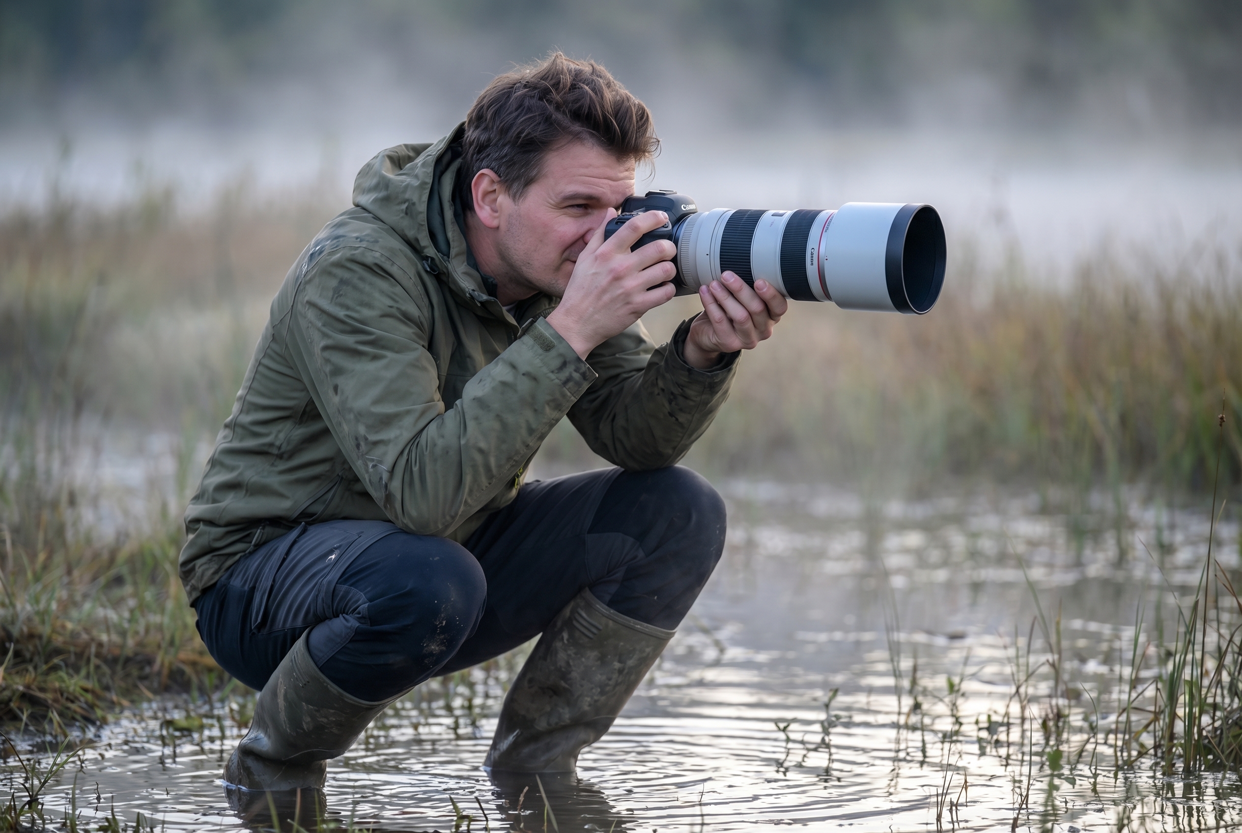 Ouverture du diaphragme : comprendre son fonctionnement 24 Photographe naturaliste réglant l'ouverture du diaphragme de son appareil photo dans un marais à l'aube pour créer un bokeh.