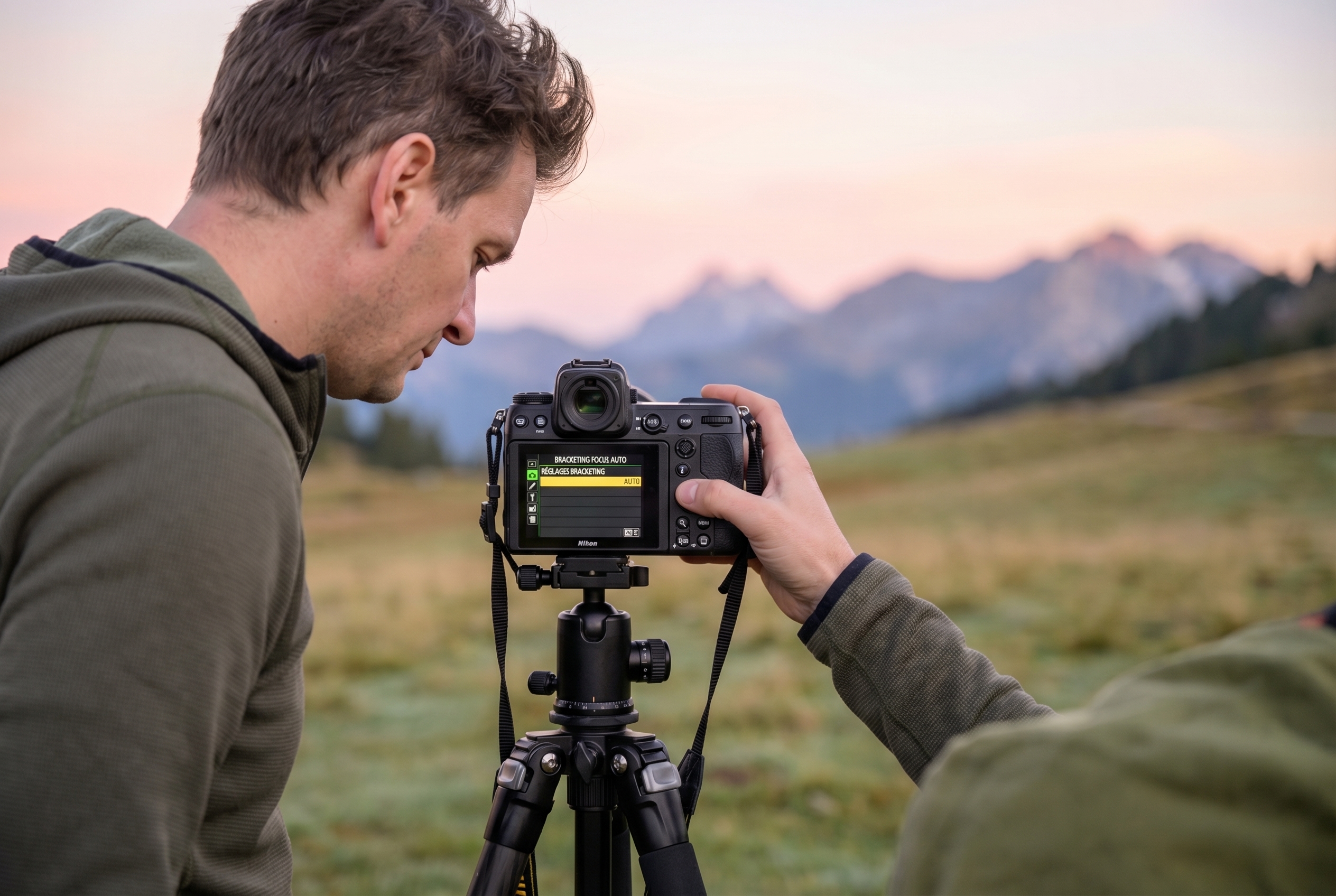 Le focus stacking : comment avoir des photos 100% nettes 22 Photographe naturaliste réglant le mode focus bracketing sur son appareil photo Nikon Z8 pour réaliser un focus stacking en montagne.