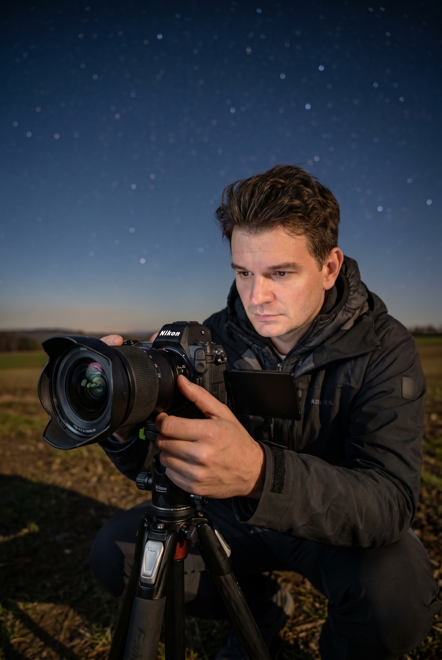 Photographe de nature réglant la mise au point manuelle de son objectif sur trépied pour une photo circumpolaire de nuit.