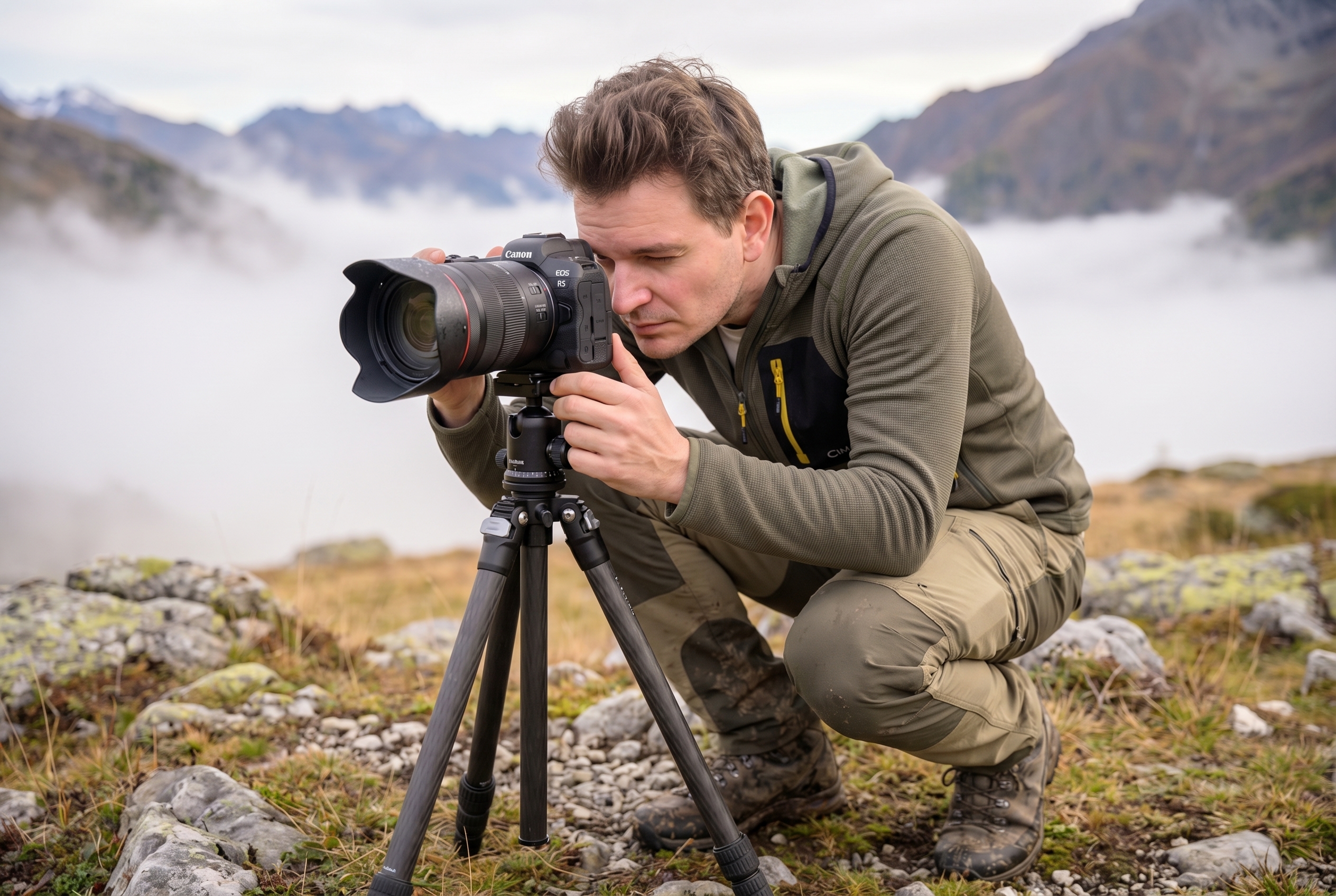 Ouverture du diaphragme : comprendre son fonctionnement 23 Photographe naturaliste ajustant l'ouverture du diaphragme sur son boîtier Canon pour créer un flou d'arrière-plan en montagne.