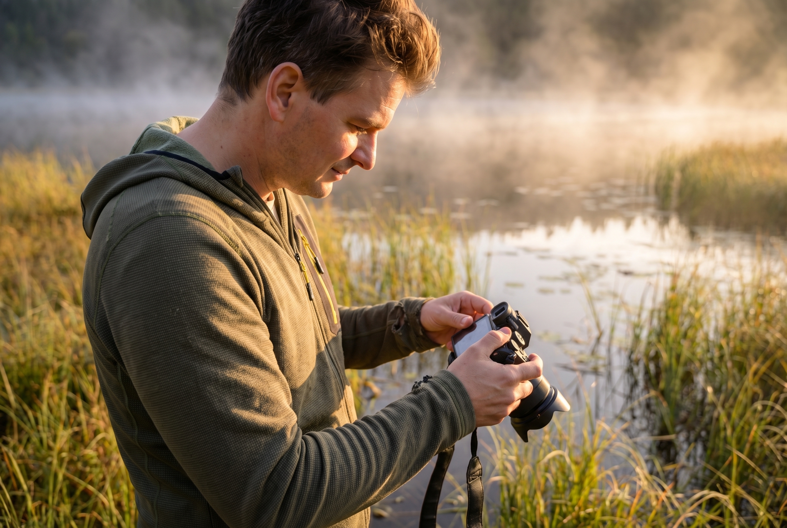 Profondeur de champ : le secret des bokeh incroyables 17 Photographe de nature ajustant l'ouverture de son boîtier hybride pour contrôler la profondeur de champ au lever du soleil dans un marais.