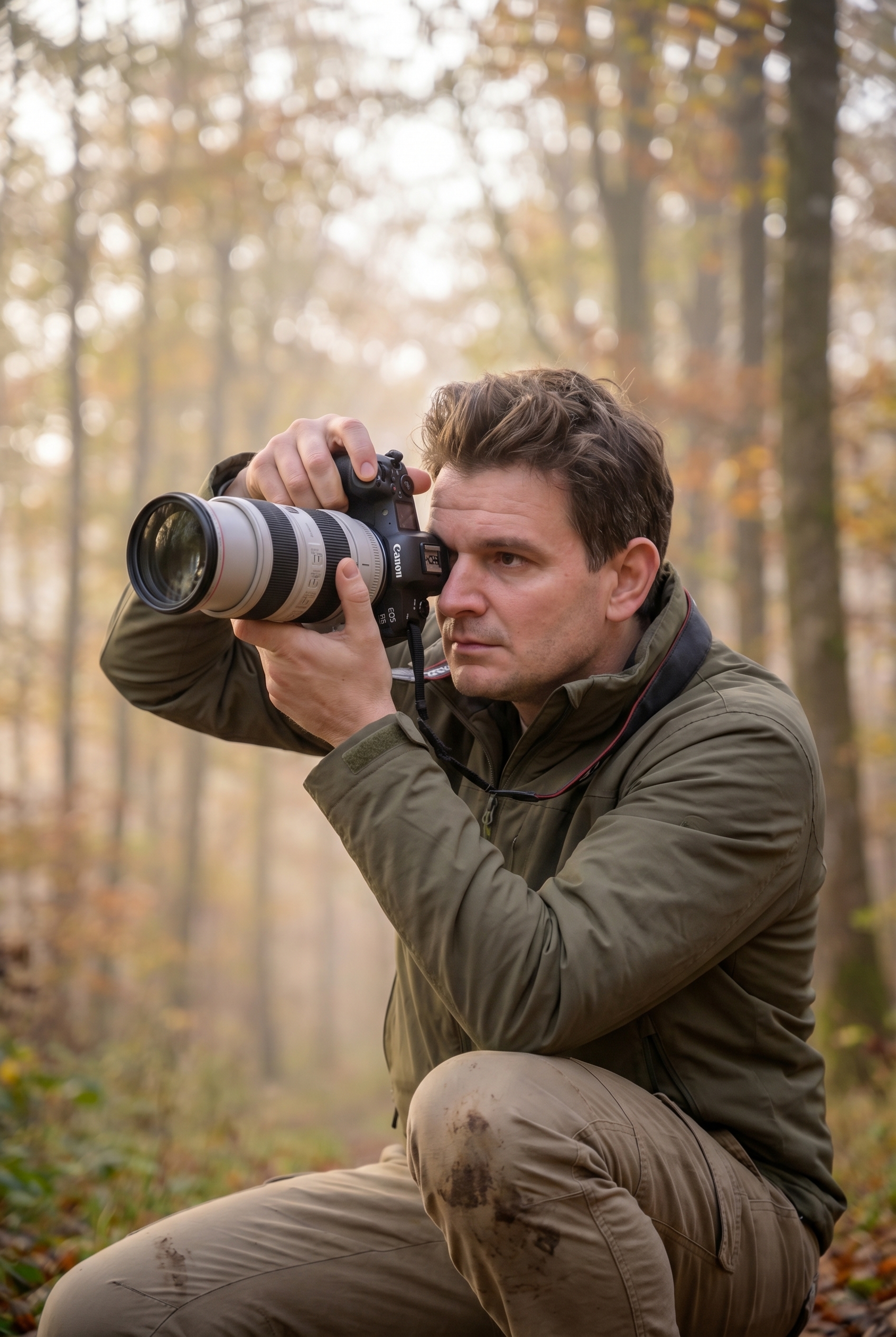Photographe naturaliste en forêt ajustant la vitesse d'obturation sur la molette de son appareil pour obtenir une photo nette.