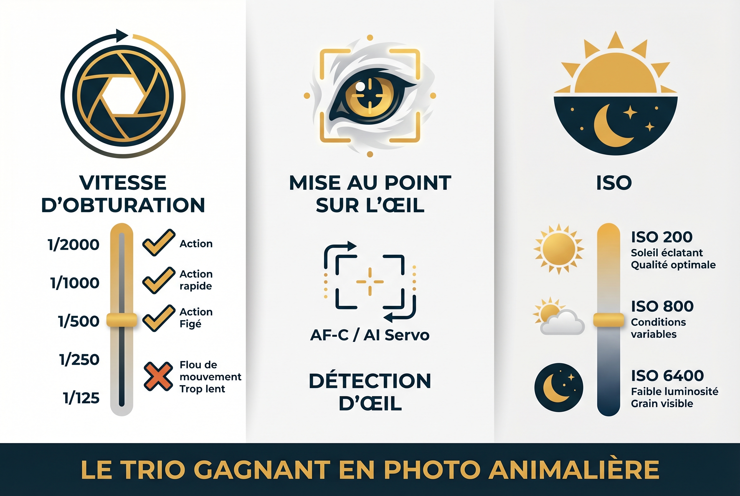 Infographie pédagogique expliquant les trois réglages clés pour photographier des animaux : vitesse d'obturation, mise au point sur l'œil et ISO.