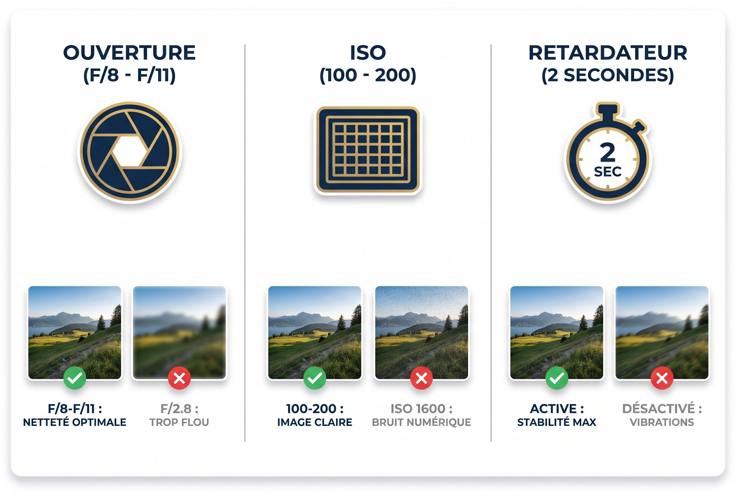 Comment photographier des paysages : le guide complet 17 Infographie pédagogique présentant les trois réglages clés pour photographier des paysages : ouverture de diaphragme f/8-f/11, ISO 100 et retardateur 2 secondes.