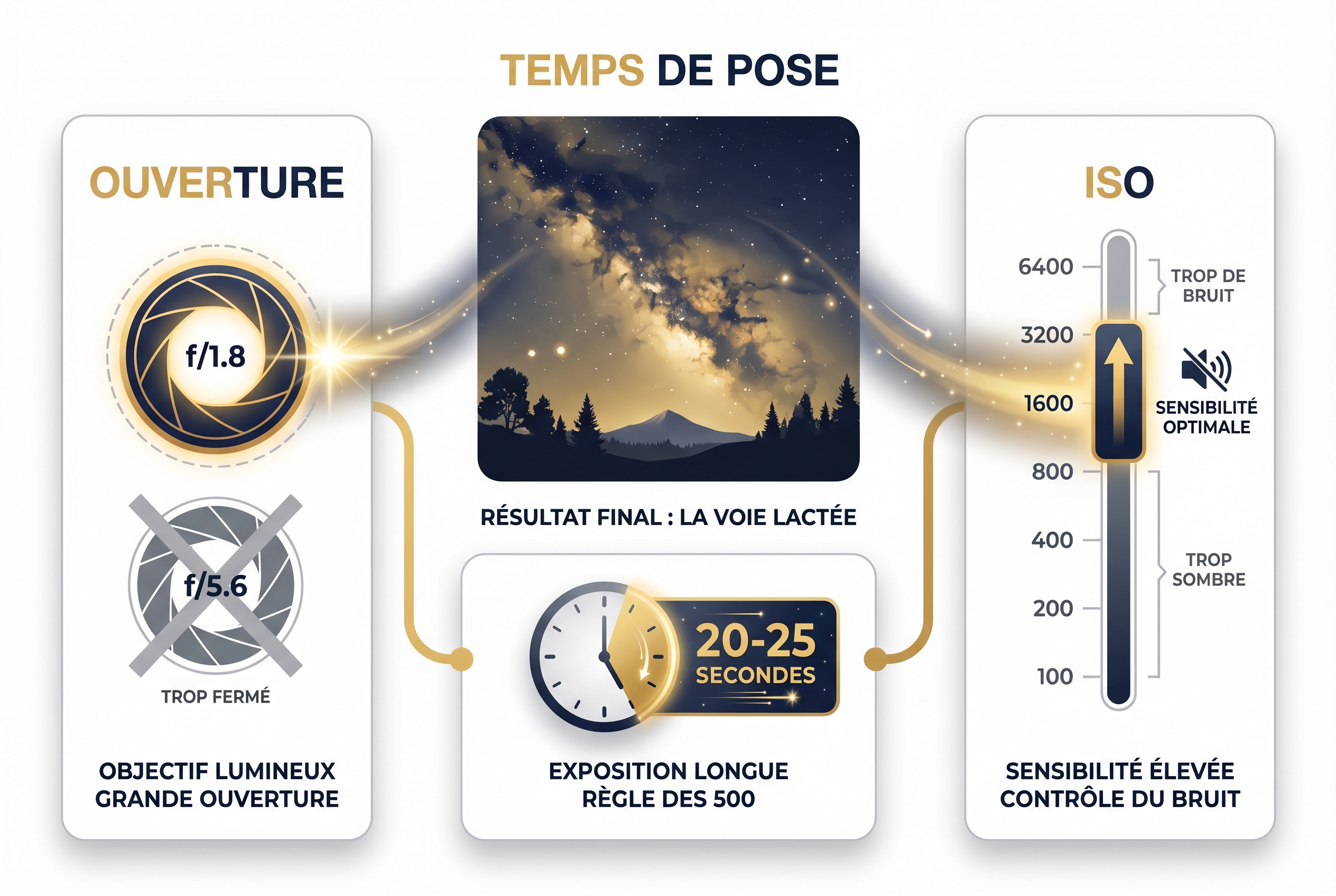 Infographie pédagogique présentant les trois réglages clés pour photographier la Voie lactée : ouverture à f/1.8, temps de pose de 20-25 secondes et ISO 1600-3200.