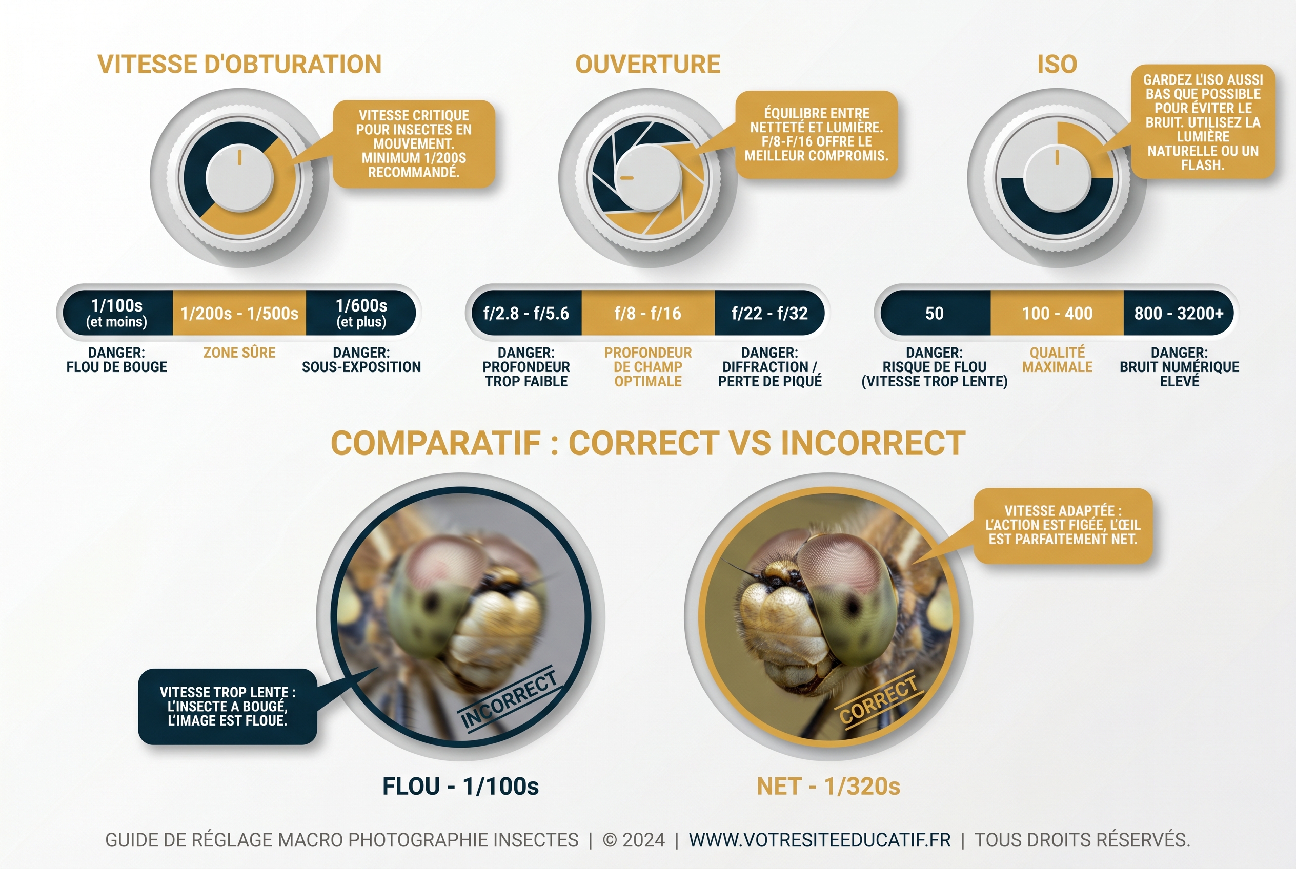 Infographie pédagogique expliquant comment photographier les insectes avec les réglages de vitesse, ouverture et ISO, illustrant la différence de netteté entre 1/100s et 1/320s.