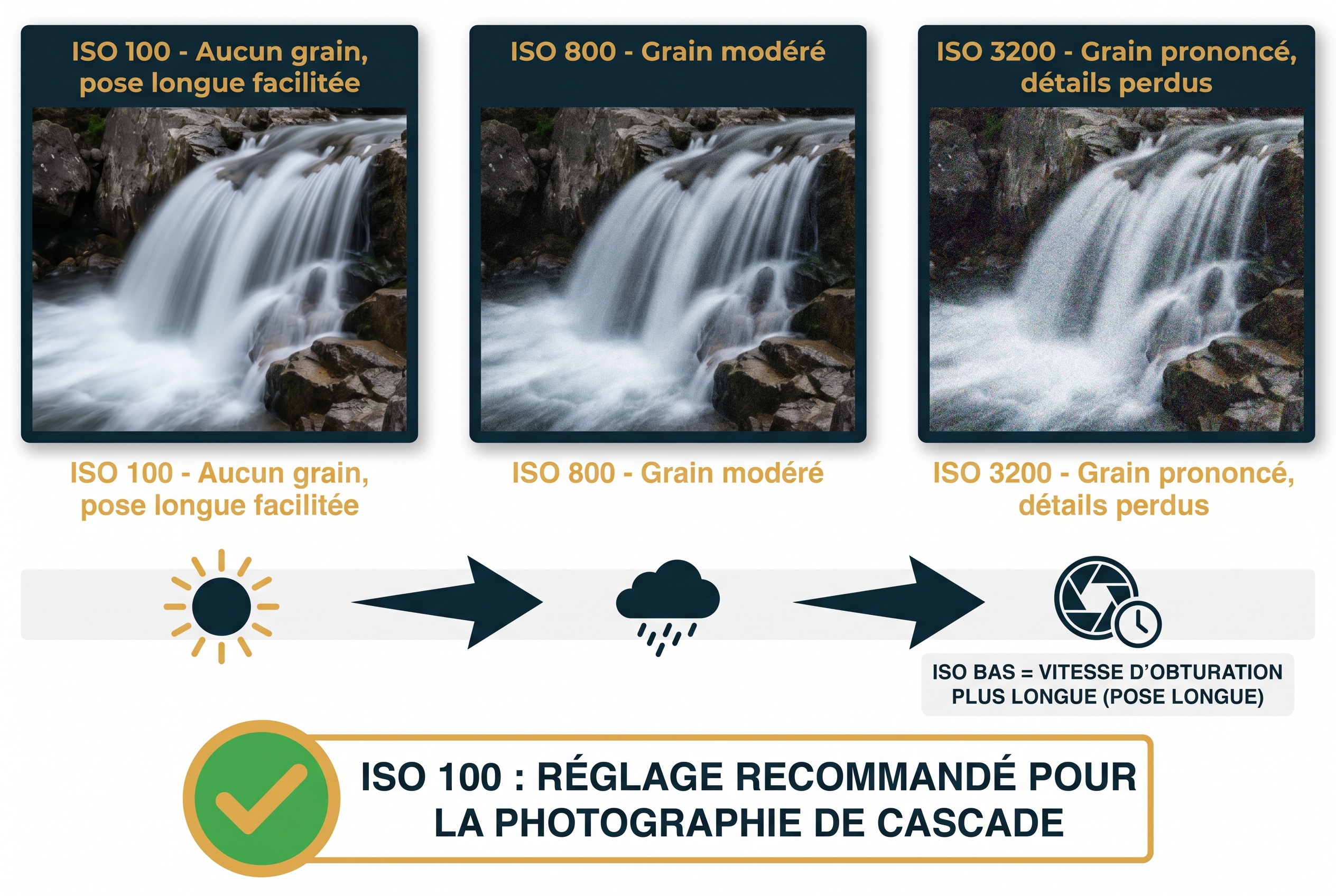 Infographie pédagogique comparant l'impact des ISO sur la qualité d'une photo de cascade : ISO 100 sans grain, ISO 800 et ISO 3200 avec bruit numérique.