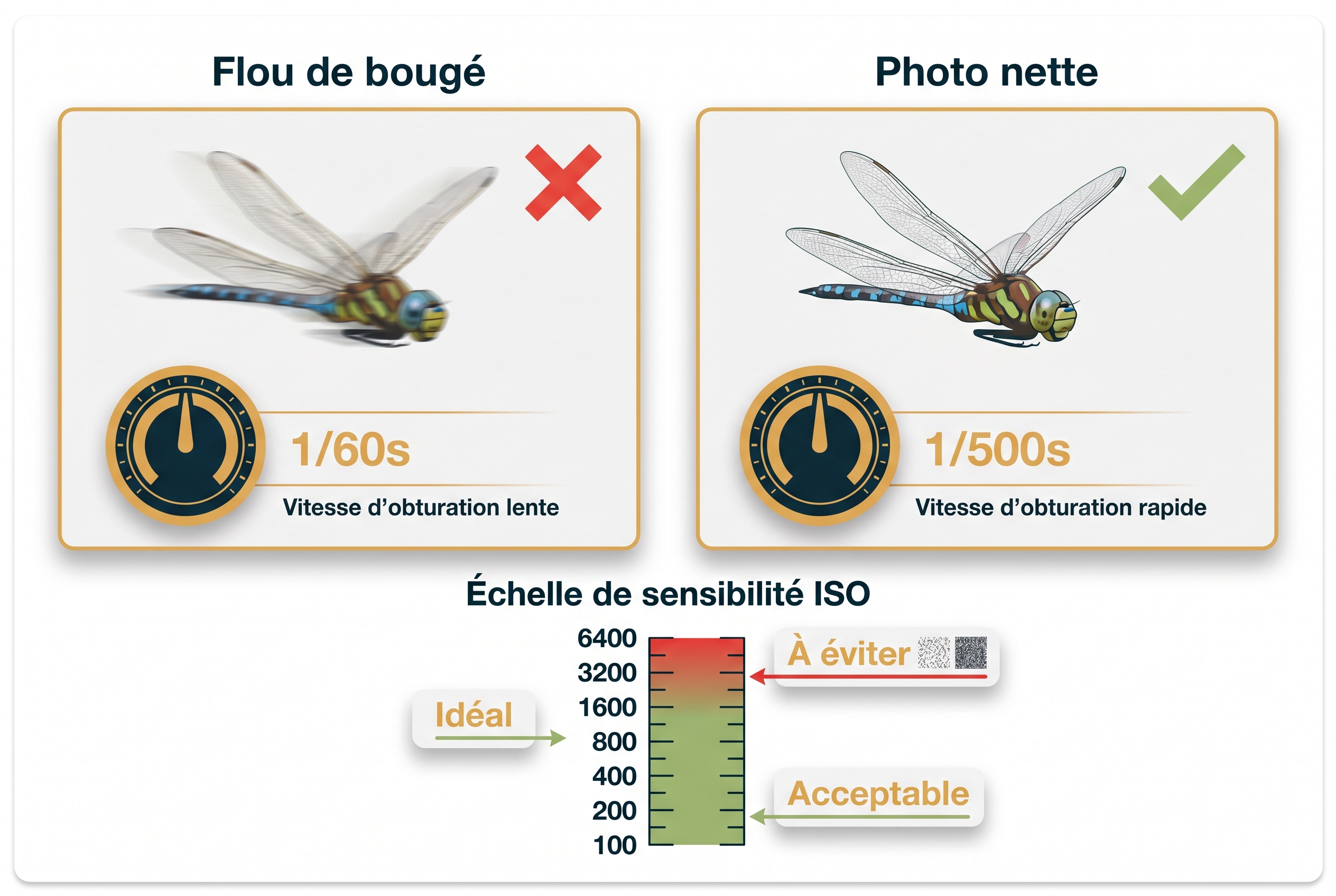 Infographie comparative pour photographier les libellules : différence entre flou de bougé à 1/60s et photo nette à 1/500s avec guide des ISO.