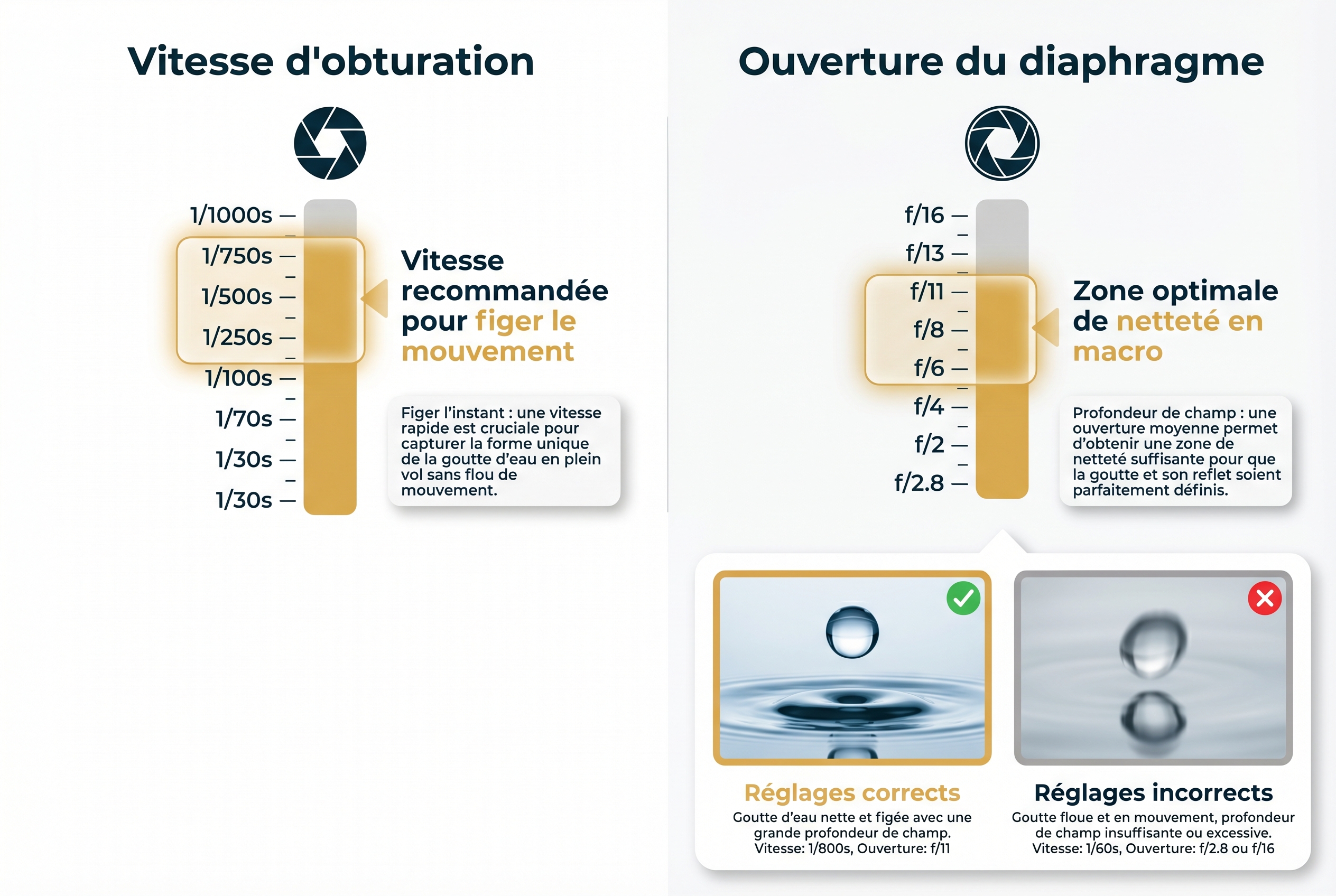 Infographie pédagogique montrant les réglages de vitesse (1/500s à 1/1000s) et d'ouverture (f/8 à f/11) pour photographier une goutte d'eau nette.