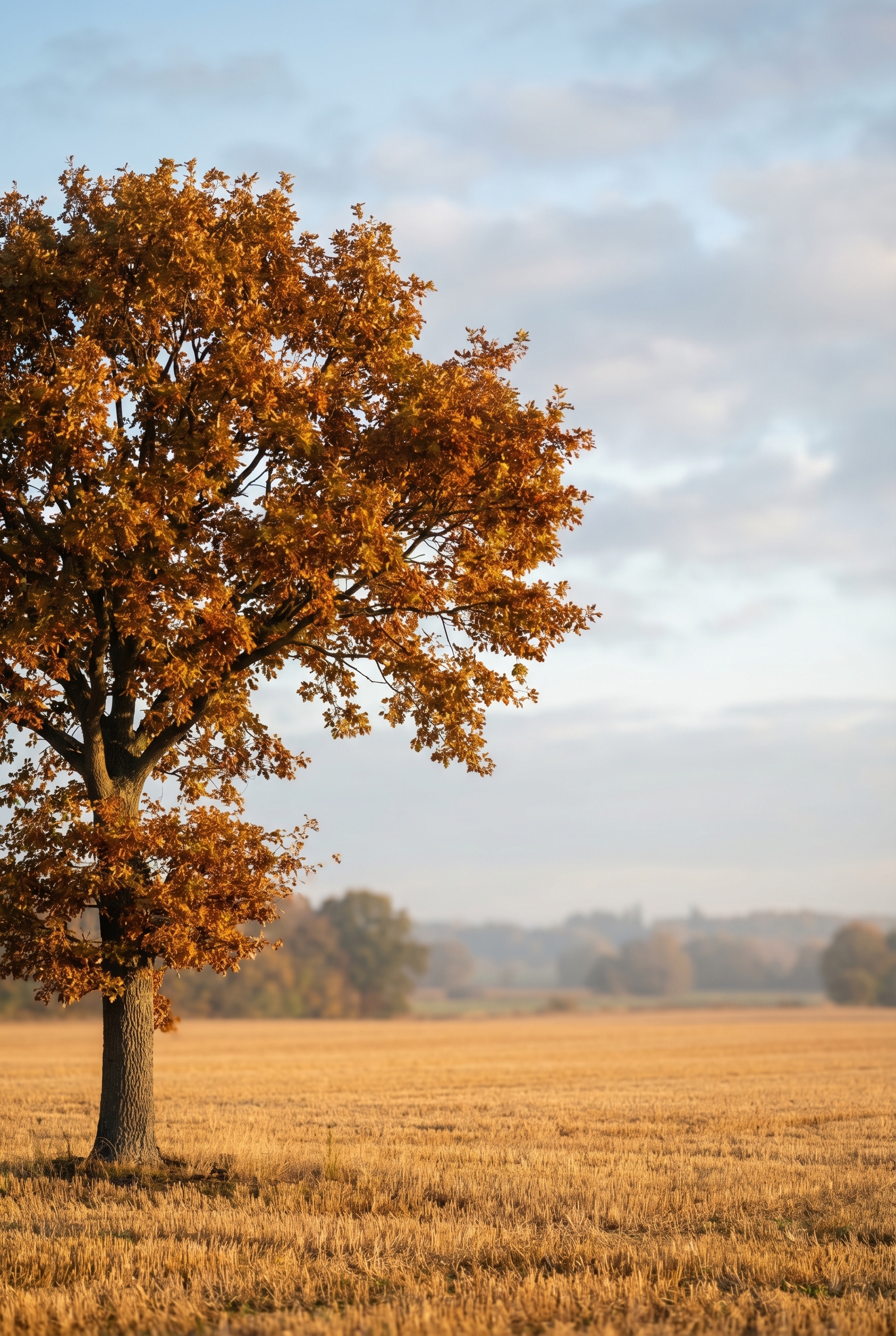 Chêne solitaire en automne positionné sur le tiers gauche du cadre pour illustrer la règle des tiers en photographie de nature.