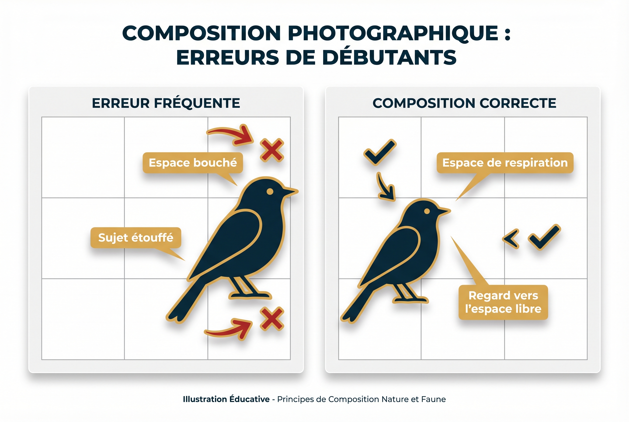 Schéma pédagogique comparant une erreur de composition (oiseau étouffé) et l'application correcte de la règle des tiers pour laisser de l'espace de respiration devant le regard.