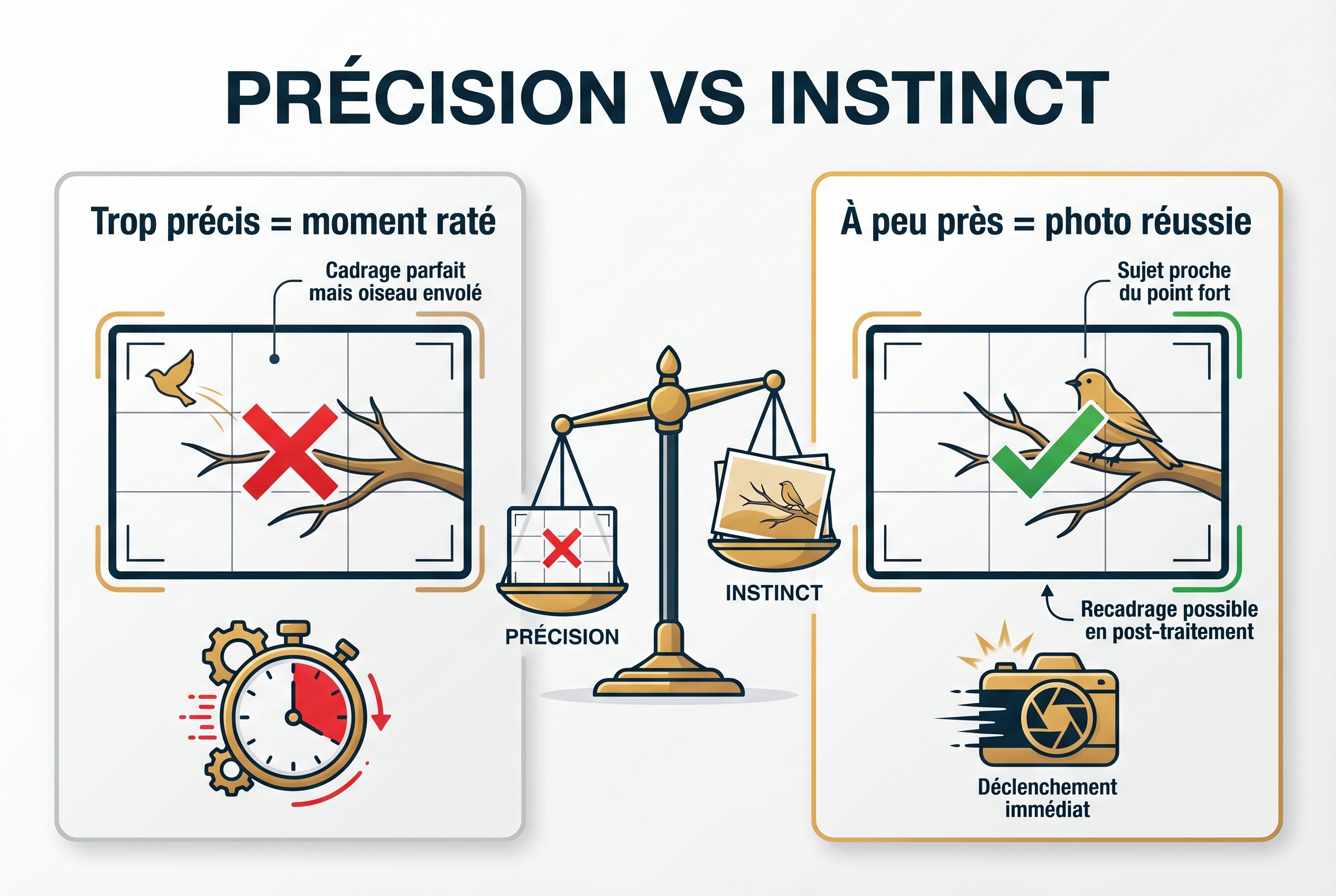 Illustration pédagogique comparant un cadrage trop rigide et une photo réussie d'un oiseau utilisant la règle des tiers.
