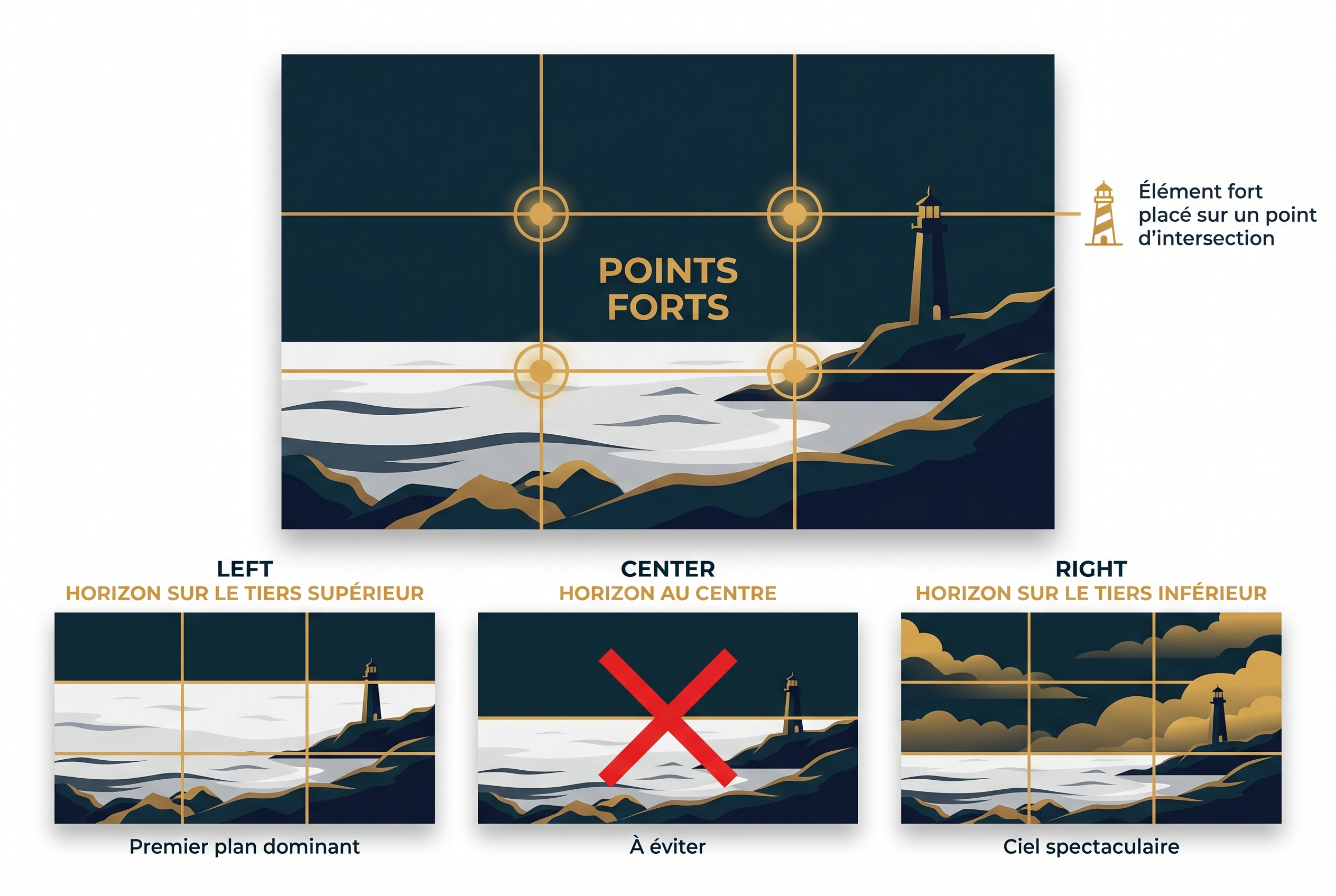 Illustration pédagogique expliquant la règle des tiers pour photographier la mer avec placement de l'horizon et des points forts sur un paysage marin.