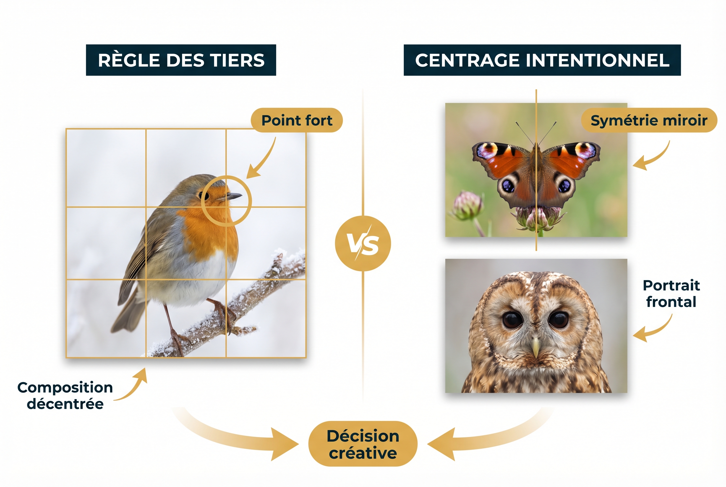 Illustration pédagogique comparant la règle des tiers avec un oiseau sur une grille de composition et le centrage intentionnel pour un portrait animalier symétrique.