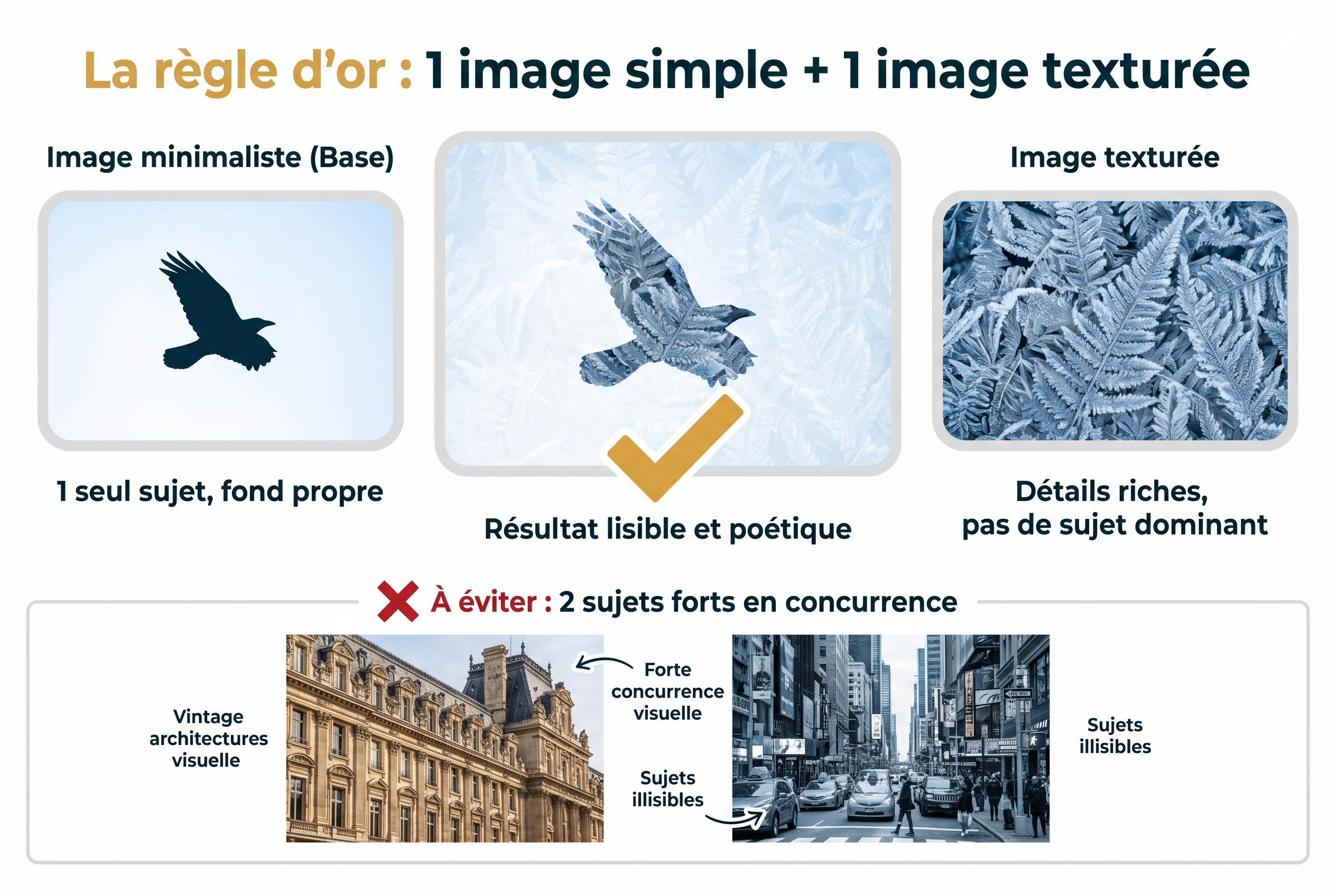 Infographie pédagogique expliquant la règle d'or de la double exposition : l'association d'une silhouette d'oiseau épurée et d'une texture de fougères givrées.