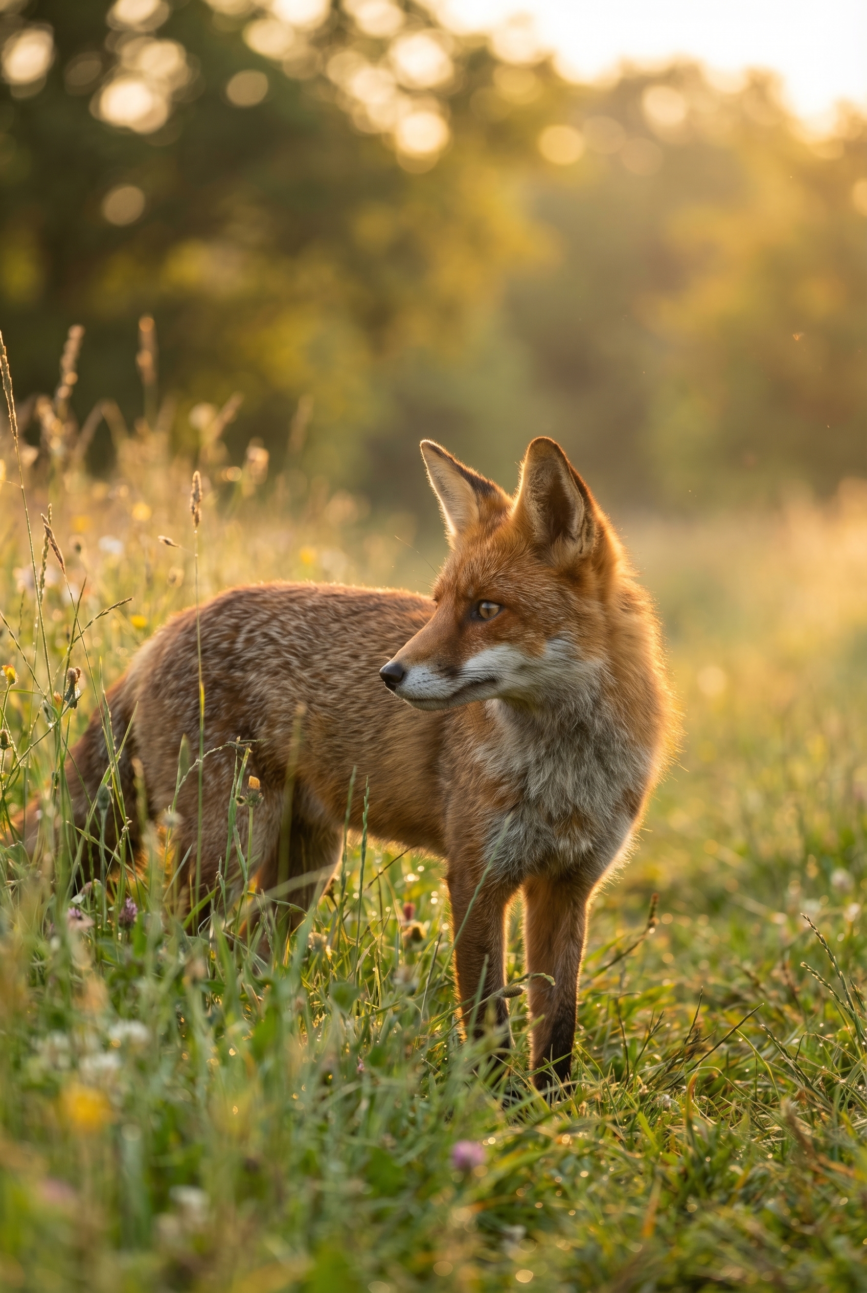 Photographie d'un renard roux dans une prairie au coucher du soleil, illustration pour apprendre la photo animalière débutant avec une mise au point nette sur l'œil.