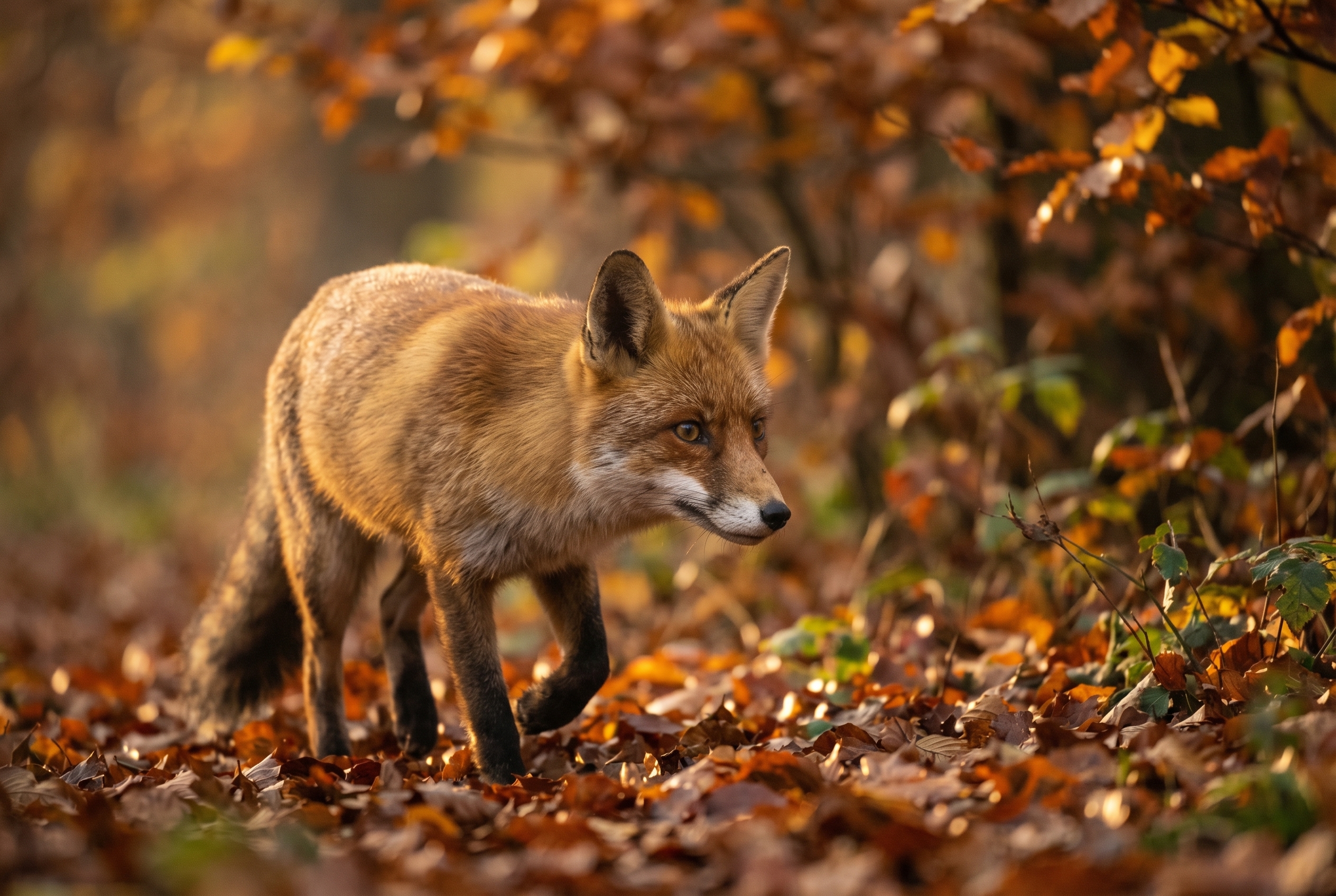Renard roux marchant dans les feuilles d'automne, photographié au ras du sol avec un téléobjectif de 600mm.