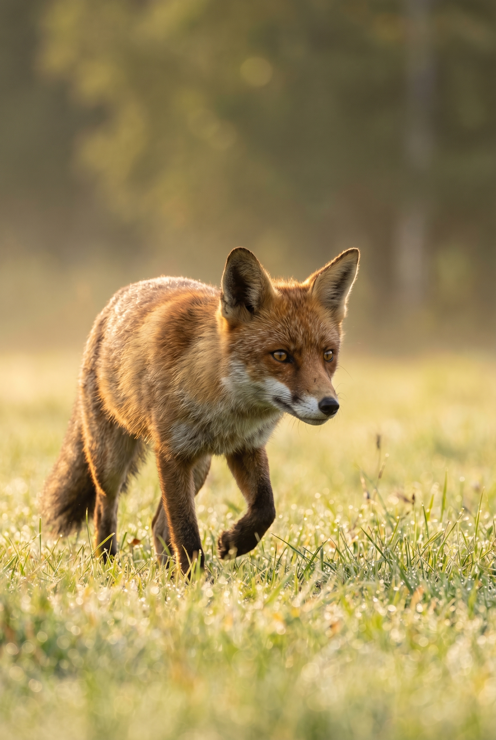 Un renard roux marchant dans une prairie de rosée, illustration de la netteté sur l'œil pour réussir sa photo animalière débutant.