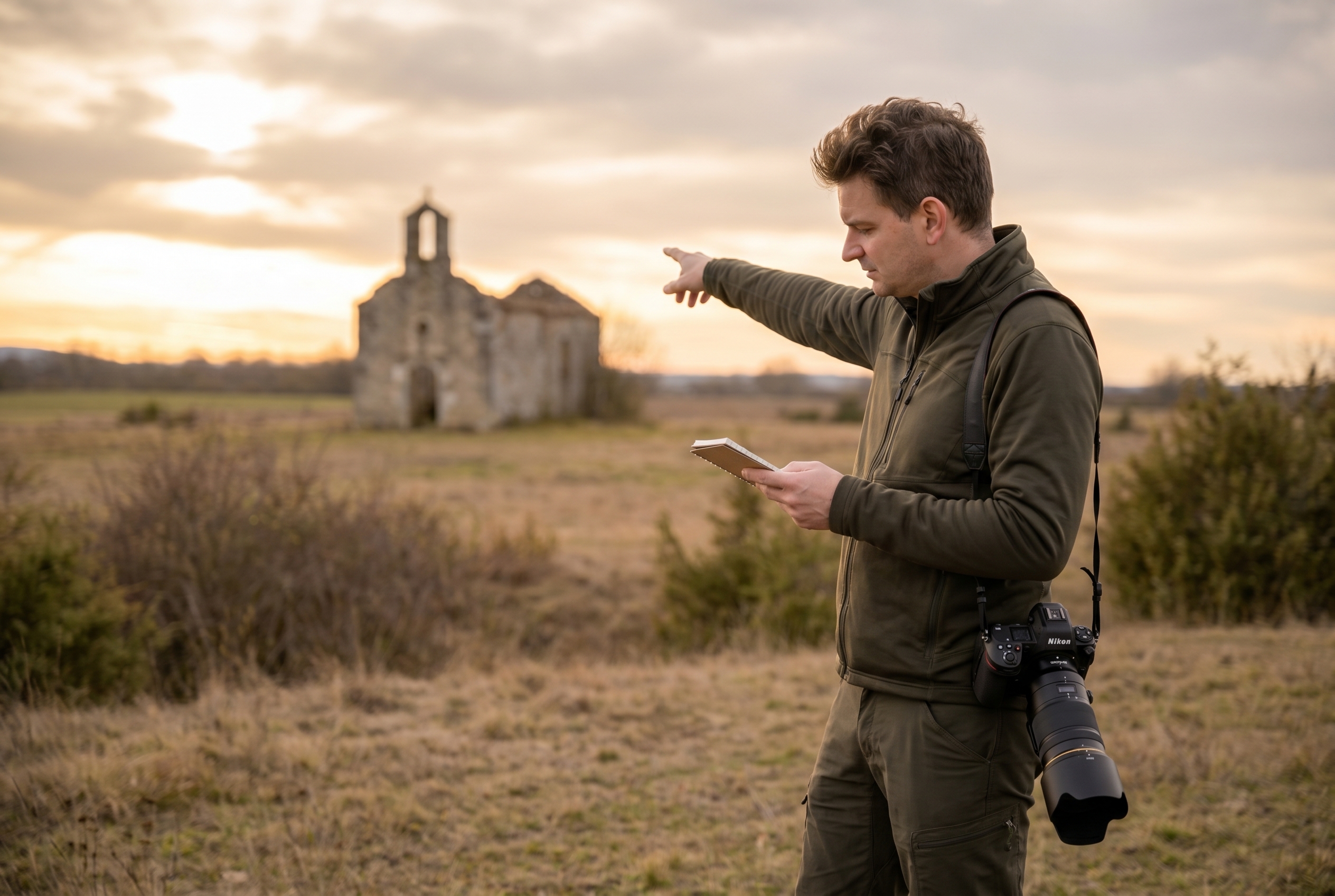 Photographe naturaliste effectuant un repérage de jour devant une chapelle en ruine pour préparer une photo circumpolaire.
