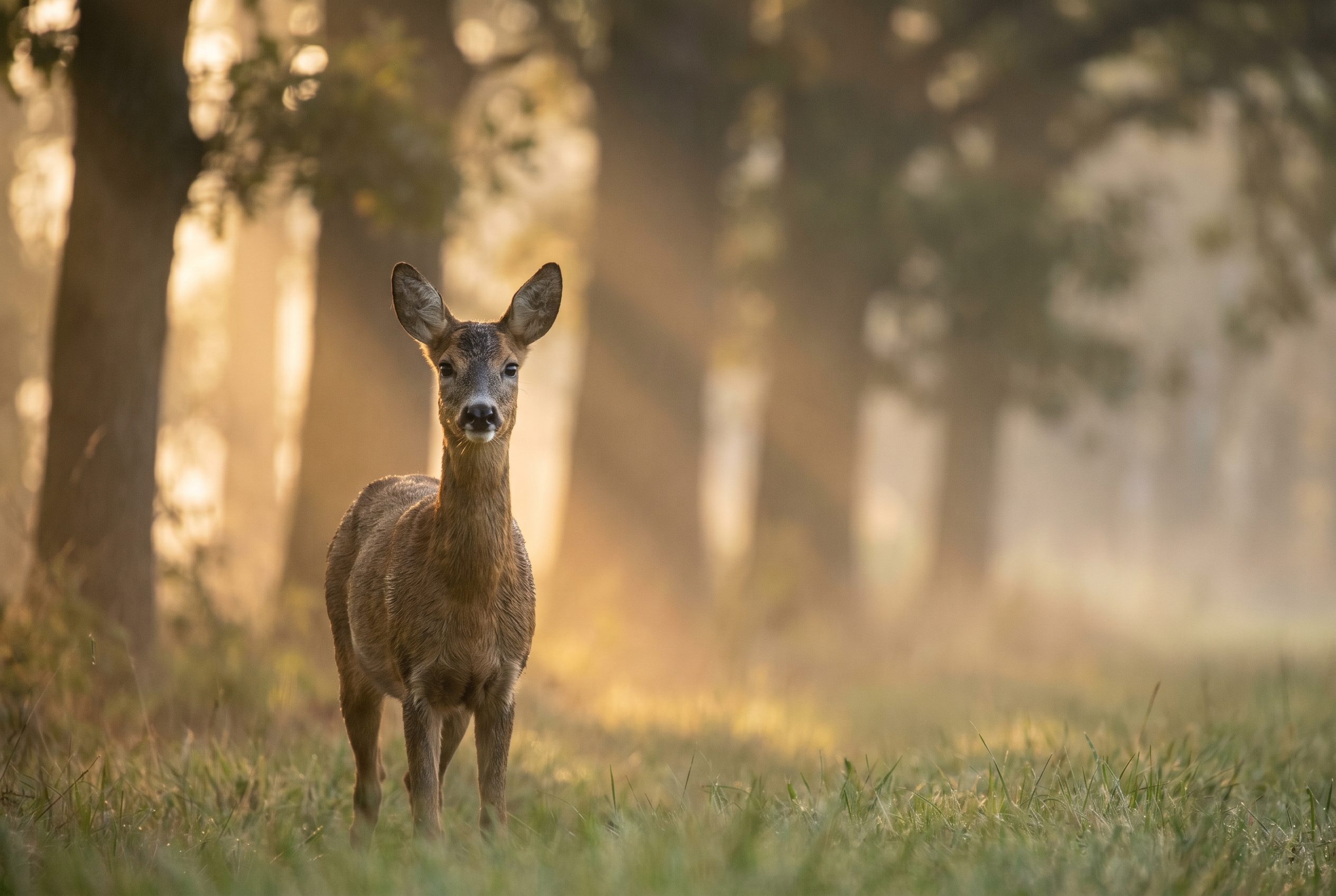 Photographie d'un chevreuil à l'aube en forêt brumeuse, éditée avec une alternative à Photoshop.