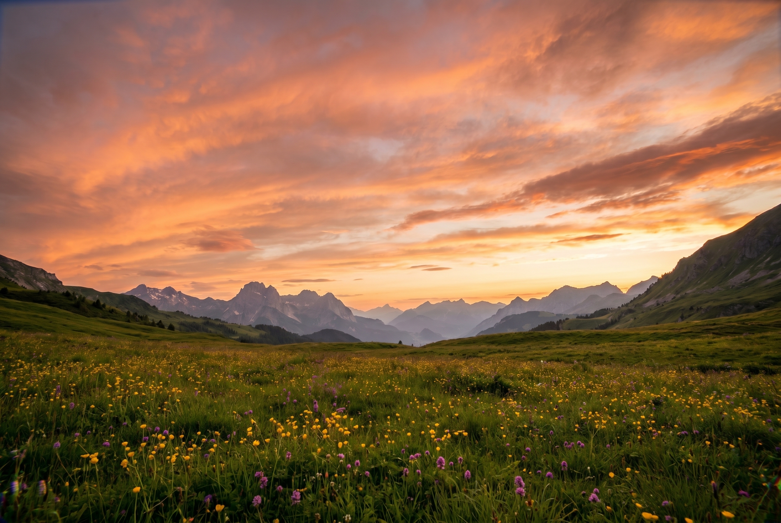 Comment photographier des paysages : le guide complet 21 Comment photographier des paysages : vue d'une vallée alpine française avec fleurs sauvages et ciel flamboyant au coucher du soleil.