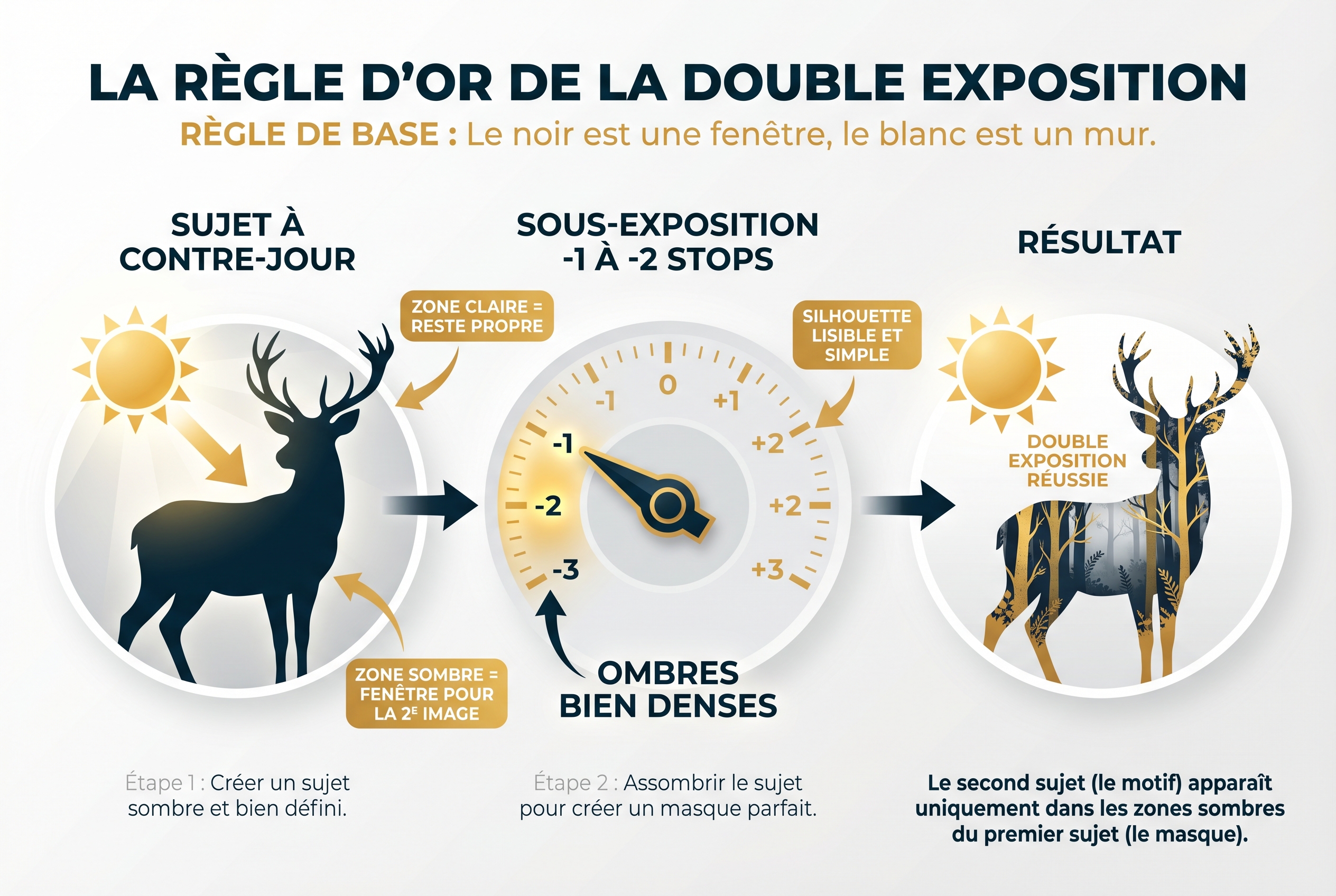 Schéma pédagogique en 3 étapes pour créer une double exposition : silhouette de cerf à contre-jour, réglage de la sous-exposition et résultat final avec texture de forêt.